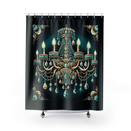 Glamorous Chandelier Shower Curtain, Elegant Bathroom Décor, Luxe Home Accessory - Teal Jeweled Chandelier