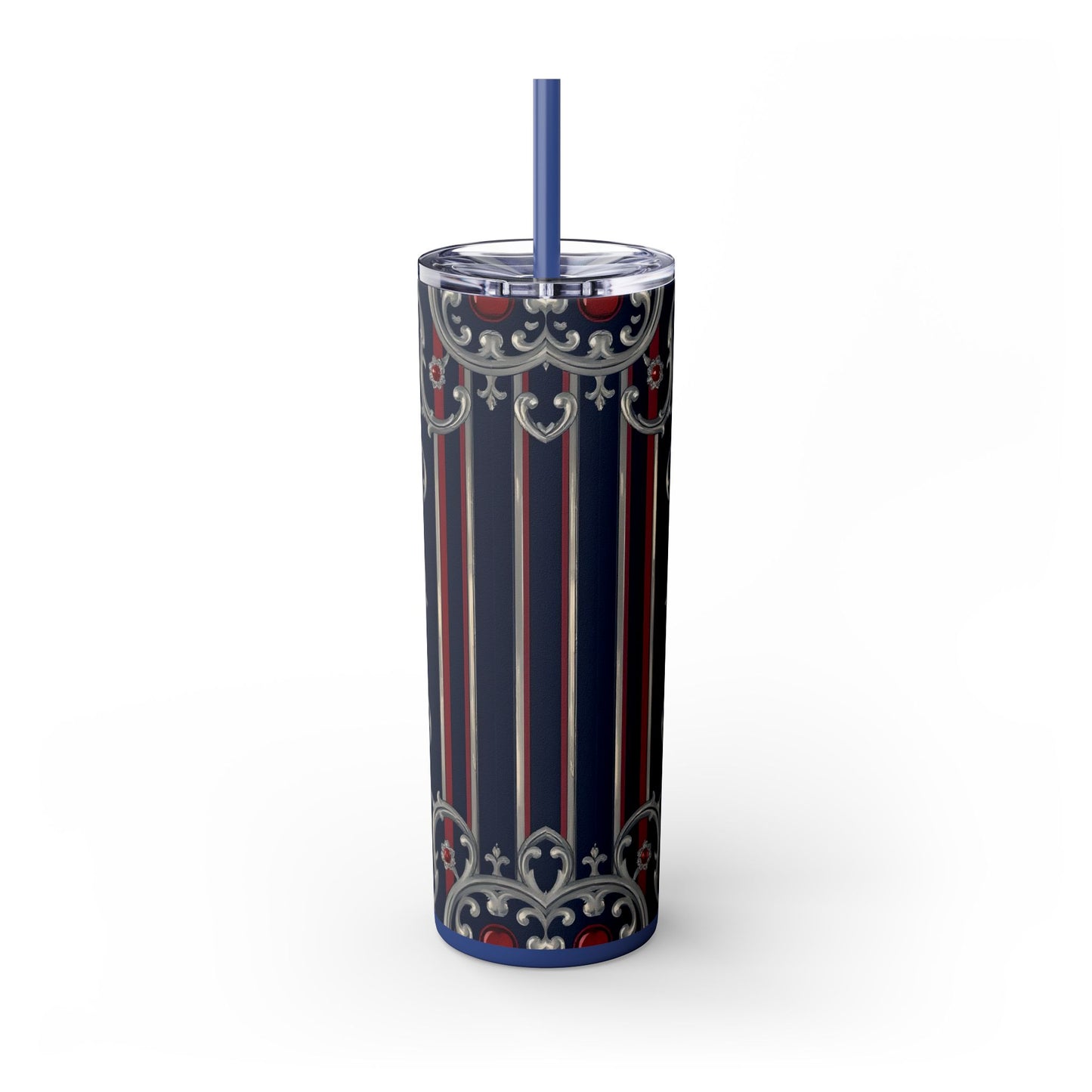 Elegant Patterned Skinny Tumbler with Straw, 20oz - Stylish Travel Mug, Personalized Gift, Wedding Favor - Blue & Red Striped Silver Baroque