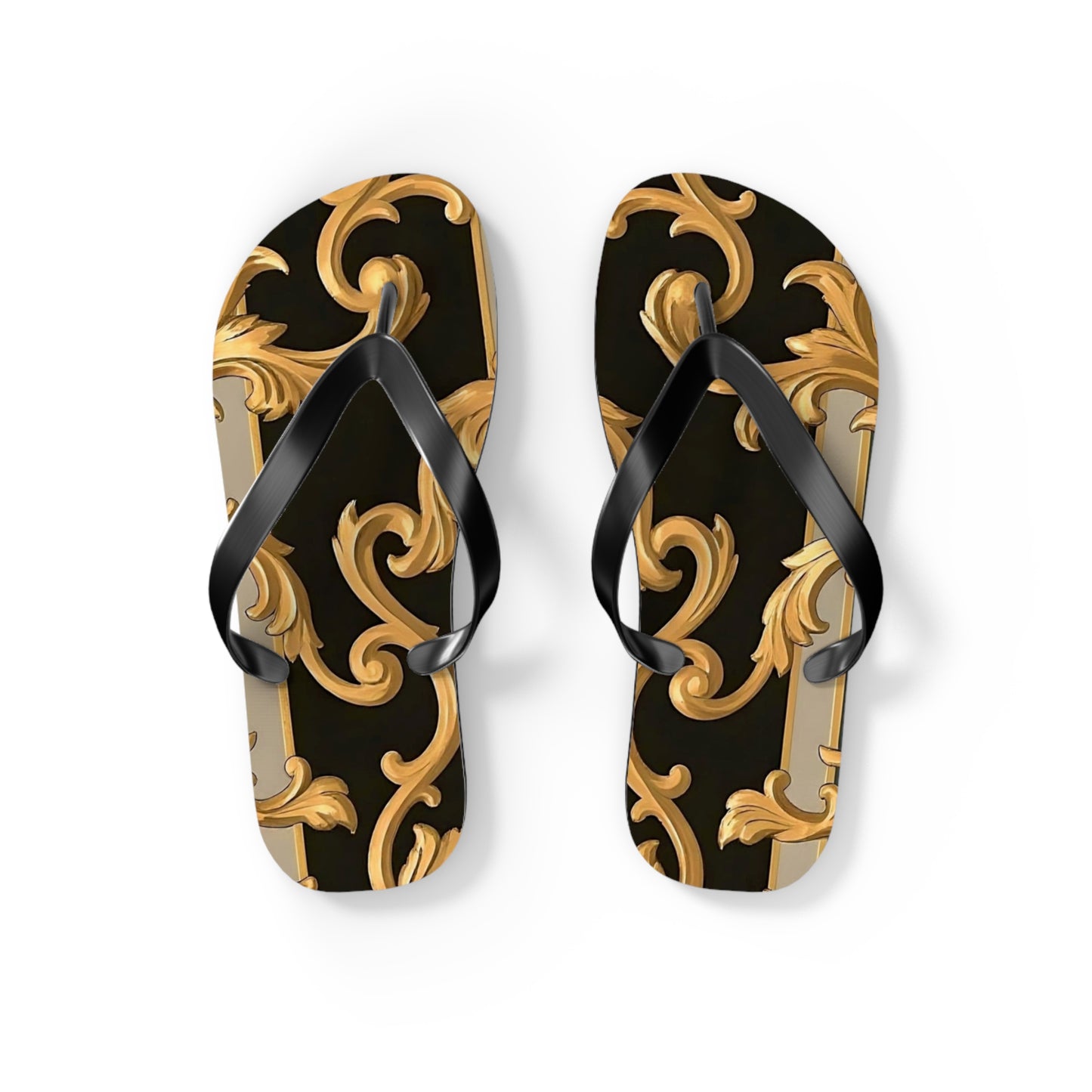Stylish Flip Flops with Elegant Gold Design, Beachwear, Summer Sandals, Vacation Footwear, Poolside Essentials - Blue & Black Striped Rococo