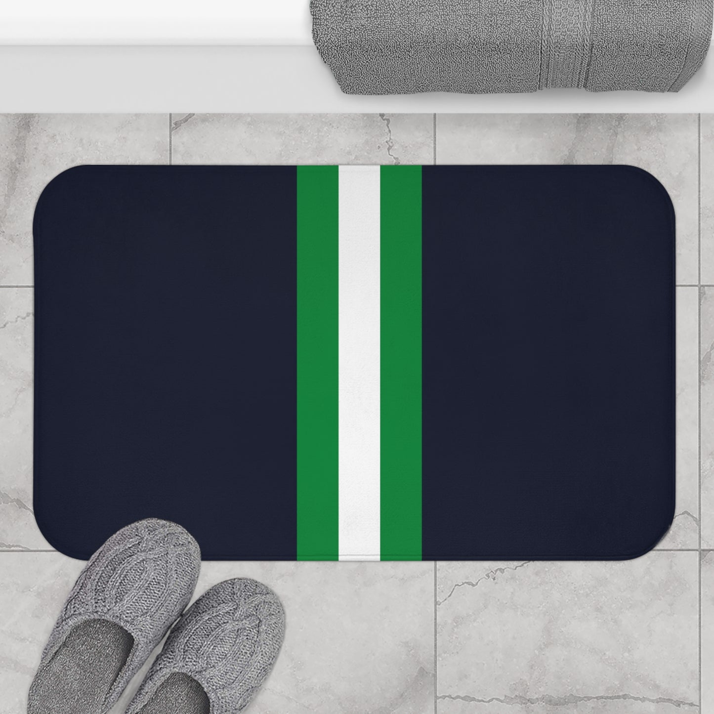 Lunar Midnight & Green-White Striped Bath Mat | Soft Non-Slip Mat for Bathroom, Home Decor, Beach House, Gift