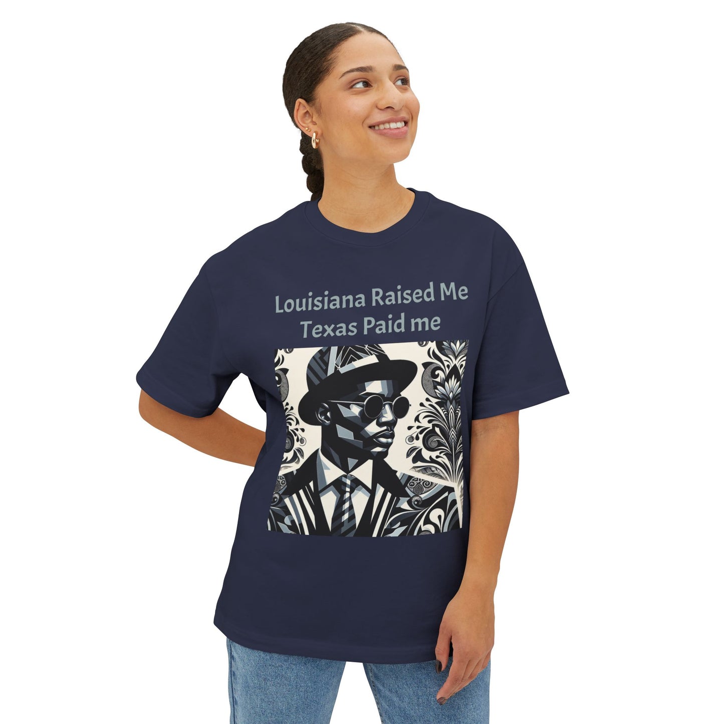 Louisiana Raised Me Texas Paid Me Oversized Tee, Unisex Boxy T-Shirt, Graphic Tee, Black Culture Shirt, Statement Shirt - Mint Gray Letters