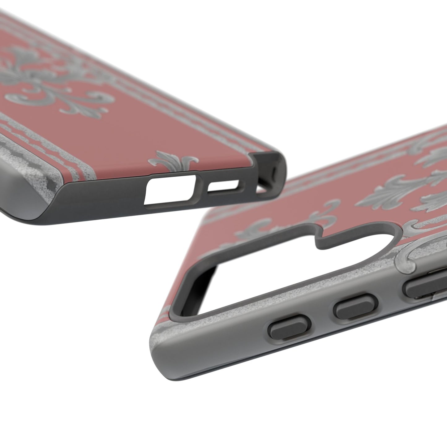 Elegant Floral Phone Case - Tough Cases for Stylish Protection - Gray & Mauve Striped Baroque