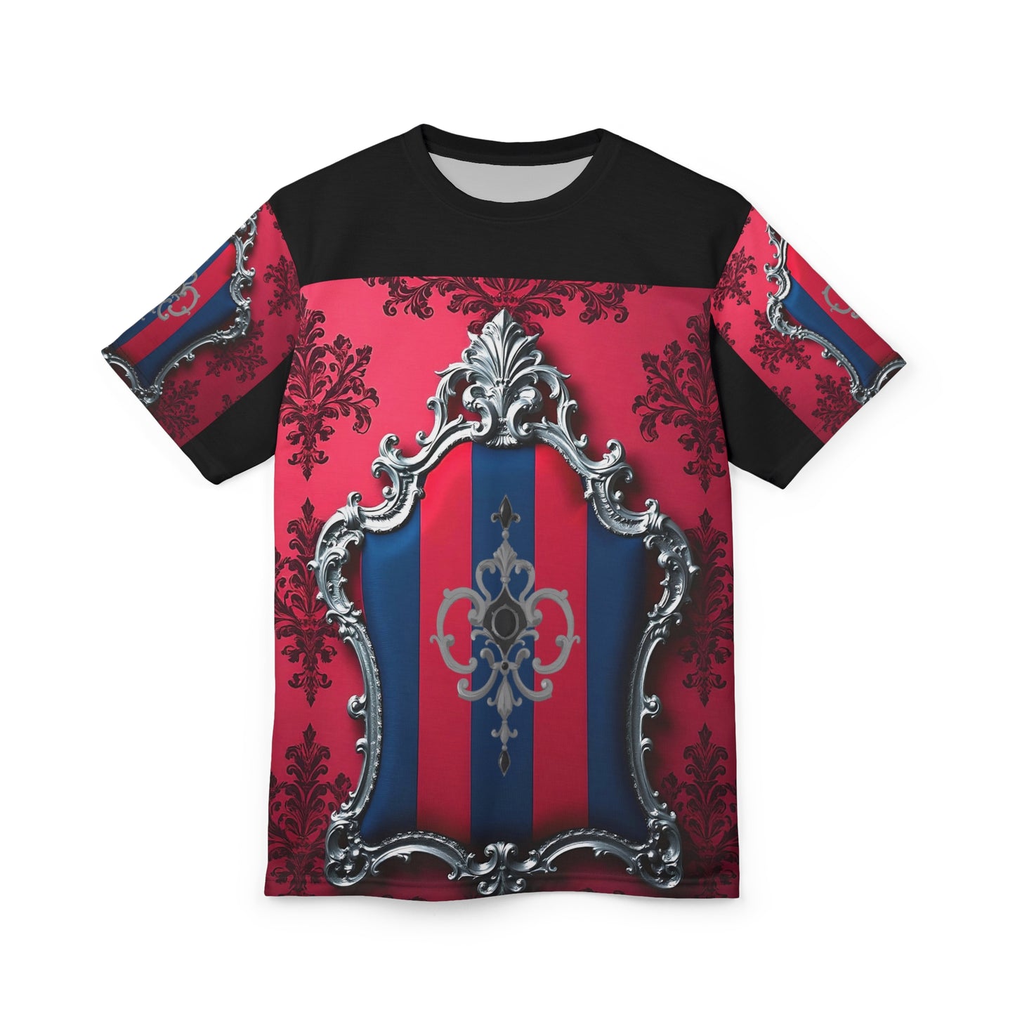Baroque Elegance Unisex Tee, Unique Graphic T-Shirt, Bold Fashion Statement, Gift for Art Lovers - Blue & Red Striped Silver Crest