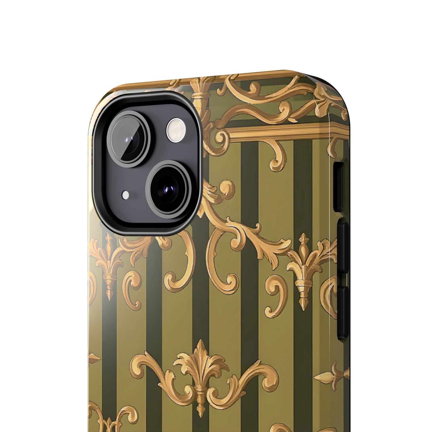 Elegant Vintage Phone Case - Tough Protection with Classy Design, Stylish Phone Cover for Fashion Lovers - Olive Green Striped Rococo