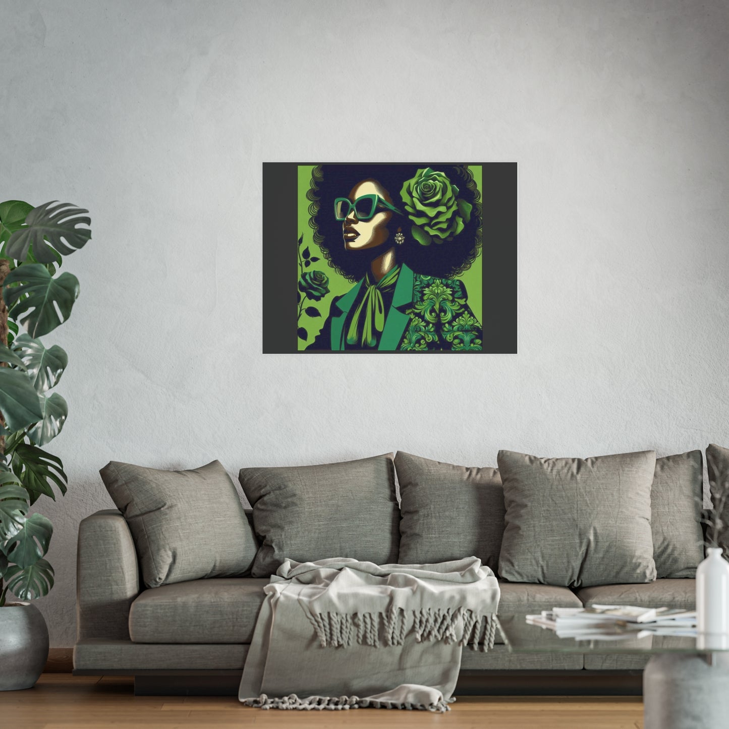 Chic Afrocentric Art Poster, Vibrant Wall Décor, Stylish Home Decoration, Damask Chic Art Print - Lady In Green Damask