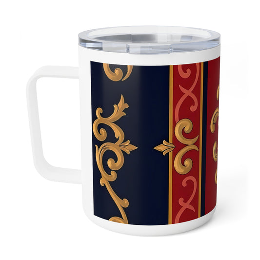 Elegant Insulated Coffee Mug - 10oz, Decorative Travel Mug, Luxe Hot Drink Cup, Stylish Housewarming Gift - Midnight Blue & Dusk Red Gold Baroque