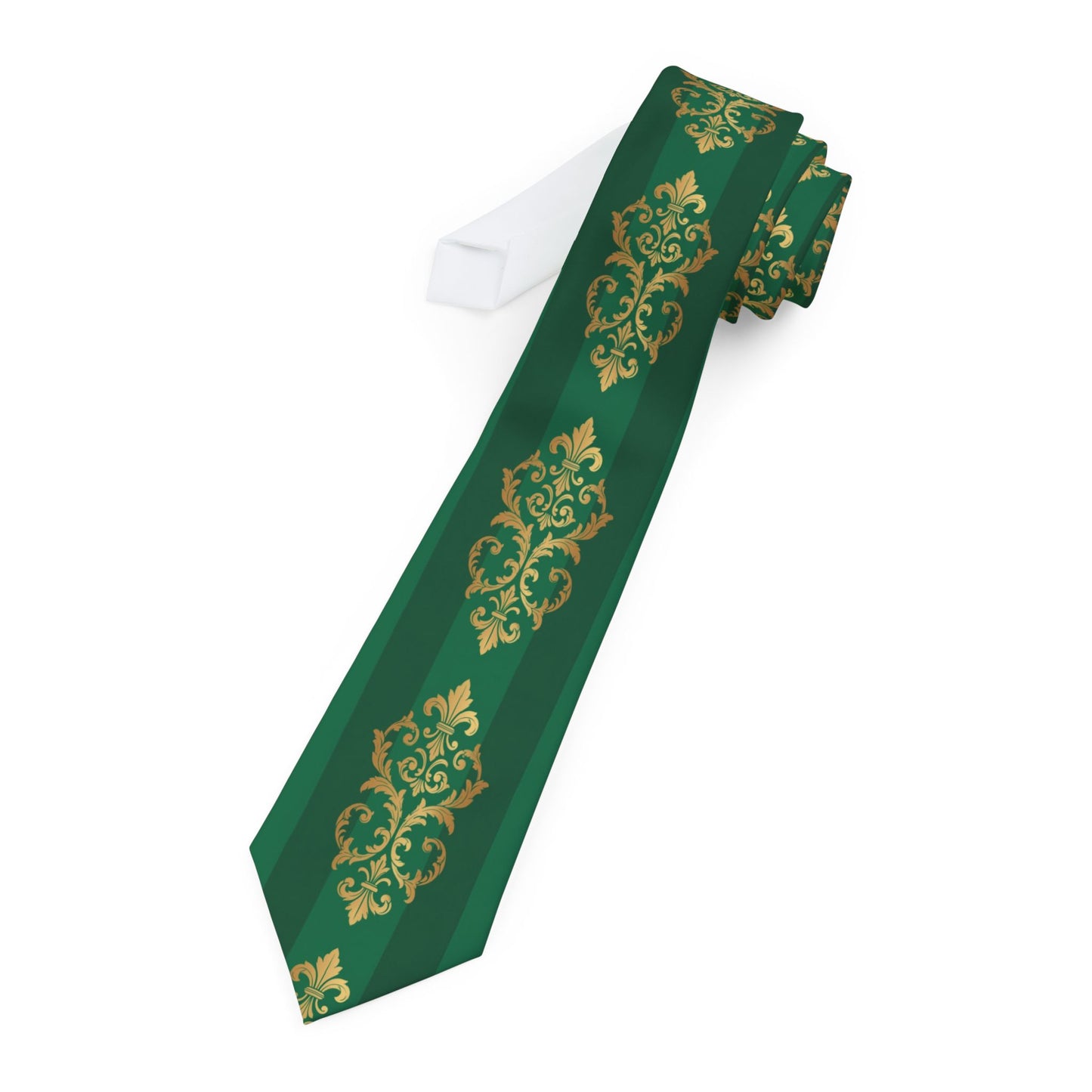 Green Striped Baroque Tie with Gold Baroque Pattern — Classic Formal Necktie