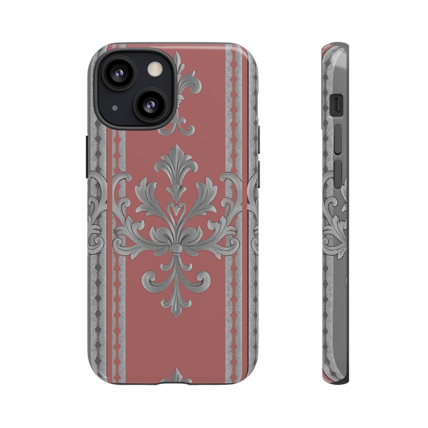 Elegant Floral Phone Case - Tough Cases for Stylish Protection - Gray & Mauve Striped Baroque