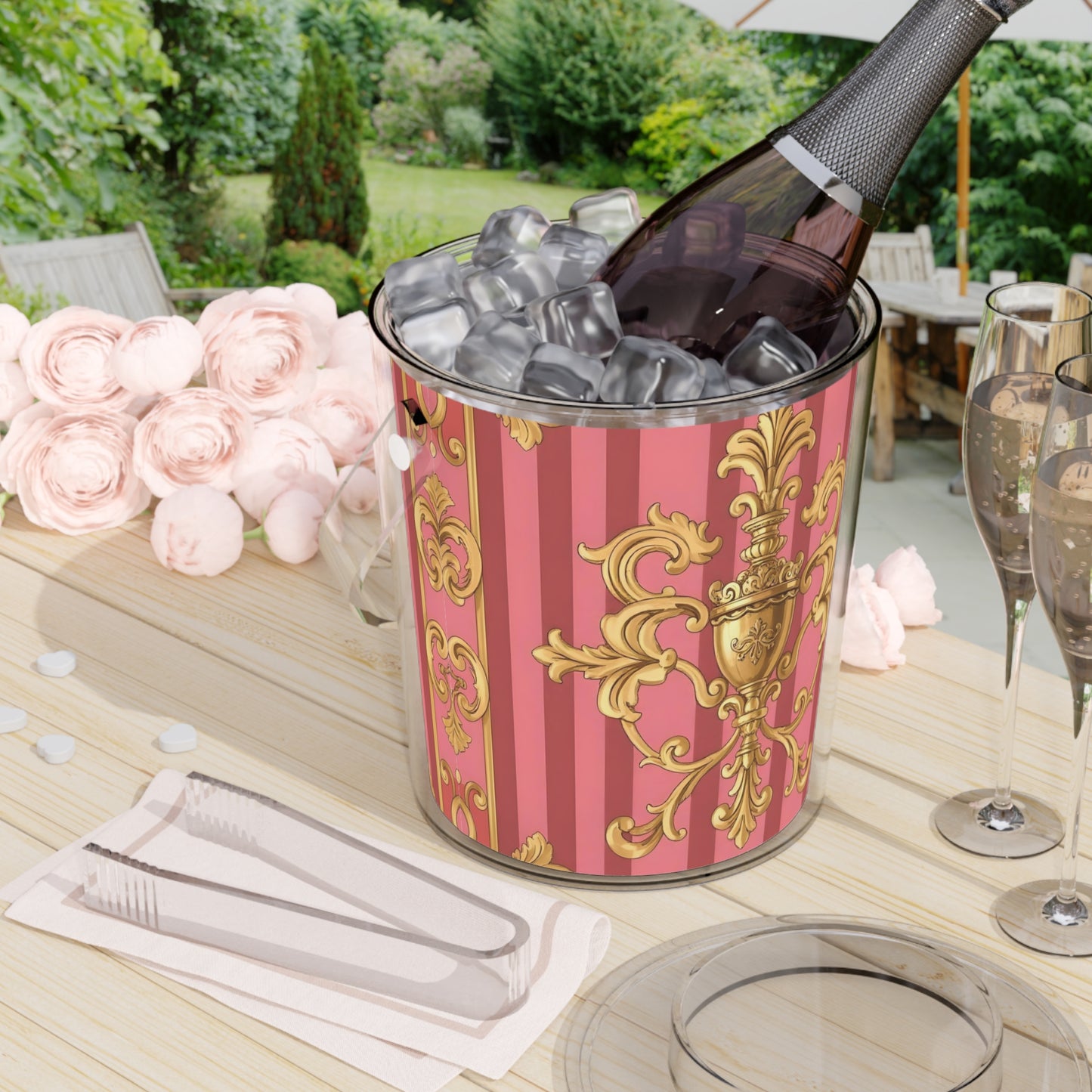 Elegant Pink Decorative Ice Bucket with Tongs | Perfect for Parties, Weddings, and Home Decor - Pink Striped Gold Baroque