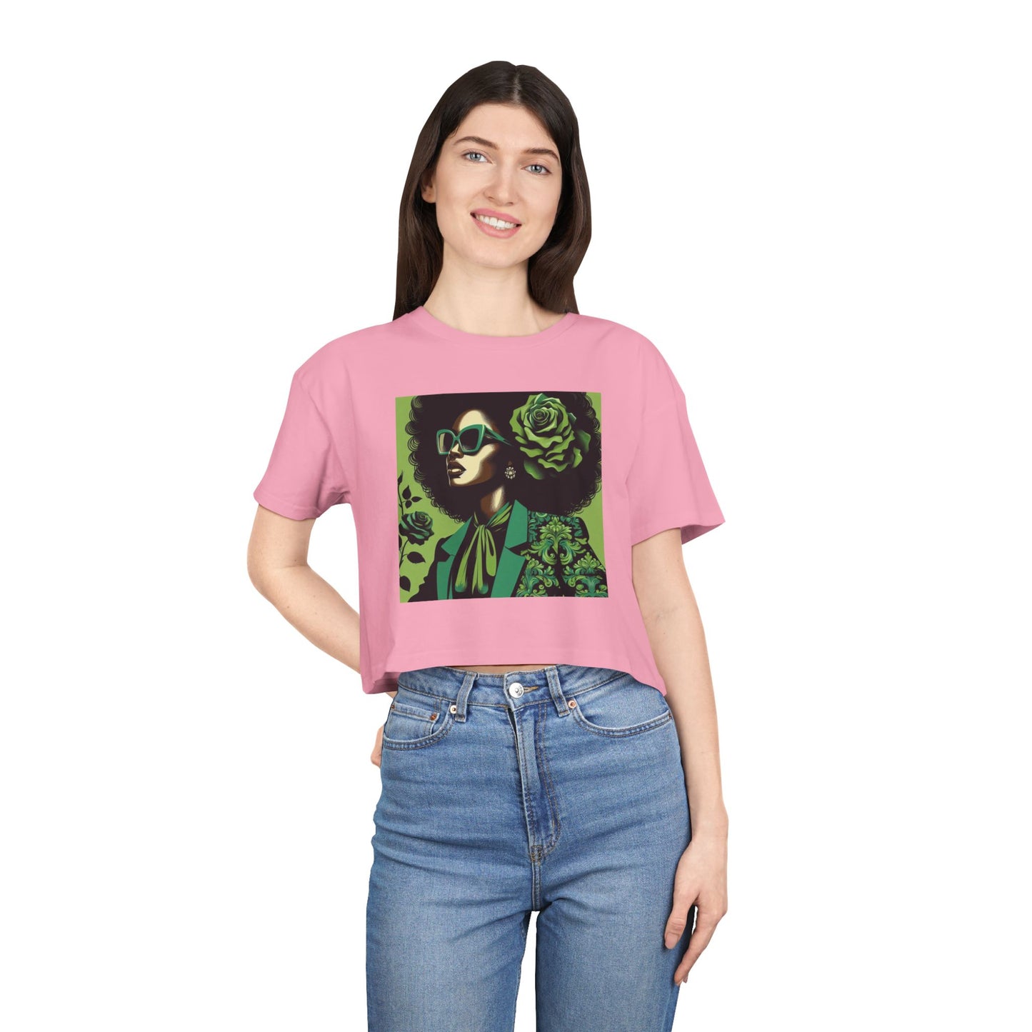 Stylish Women's Crop Tee with Damask Design | Trendy Summer Top, Afro Crop Shirt, Casual Wear, Gift for Her - Lady in Green Damask