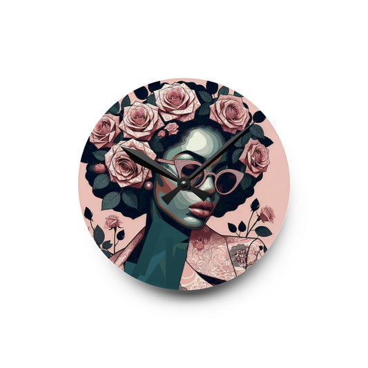 Lady In Pink Damask & Roses Acrylic Wall Clock, Vintage Decor, Home Gift, African American Art