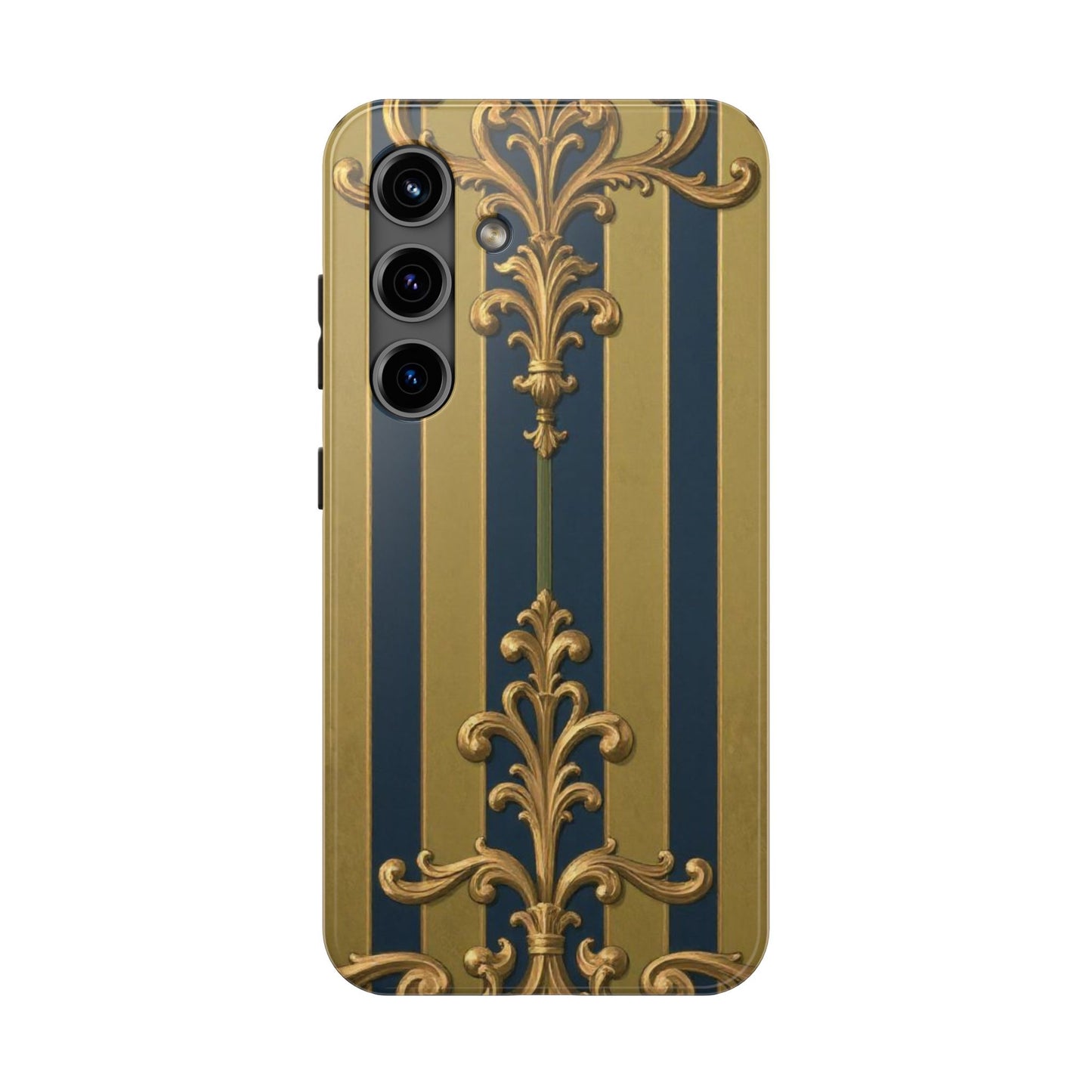 Elegant Midnight Blue & Olive Striped Gold Baroque Tough Phone Case, Phone Cover, Durable Case for Protection, Stylish Gift for Him/Her
