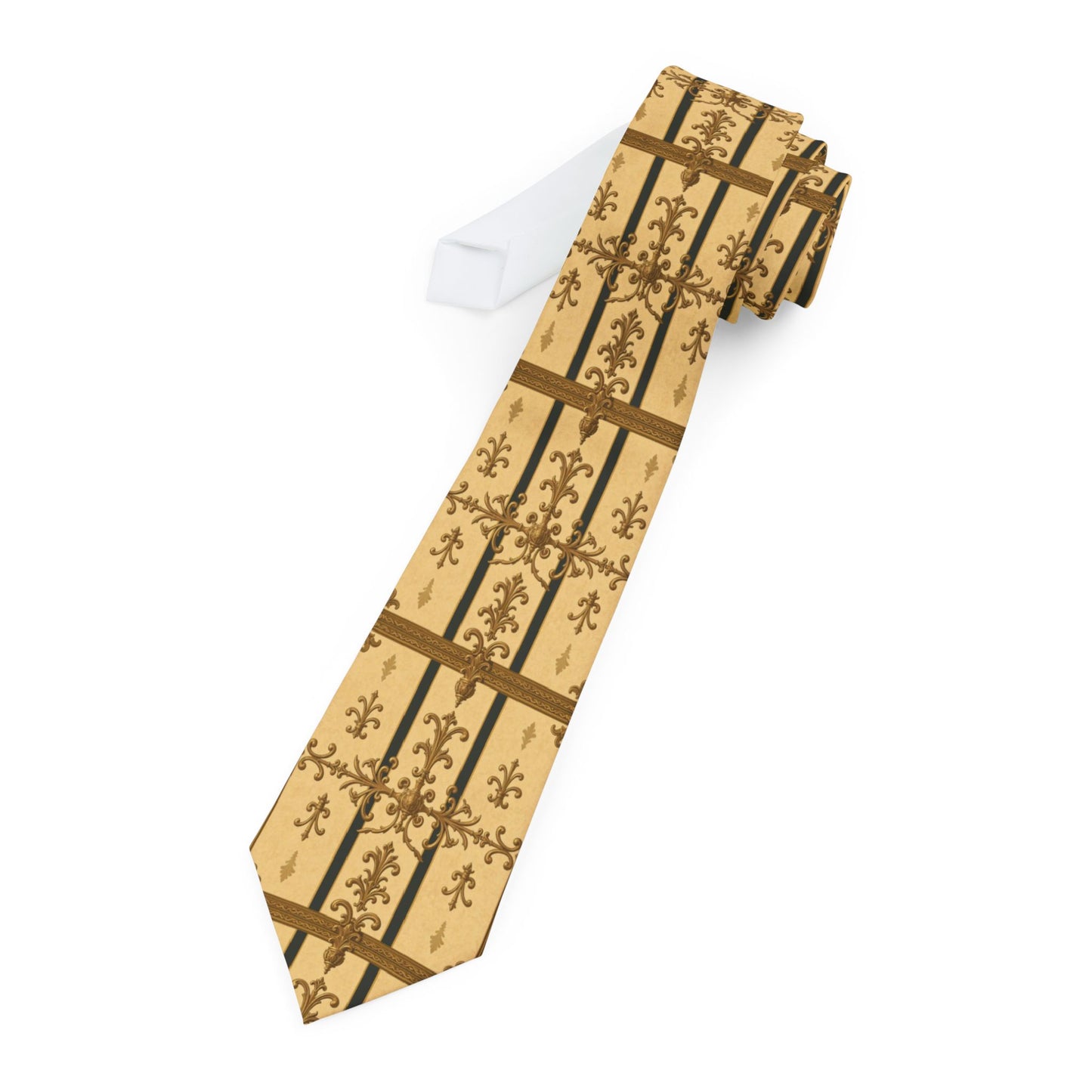 Stylish Patterned Necktie | Elegant Tie for Men, Formal Accessory, Wedding Gift, Business Attire, Trendy Neckwear - Matte Yellow Striped Antique Rococo