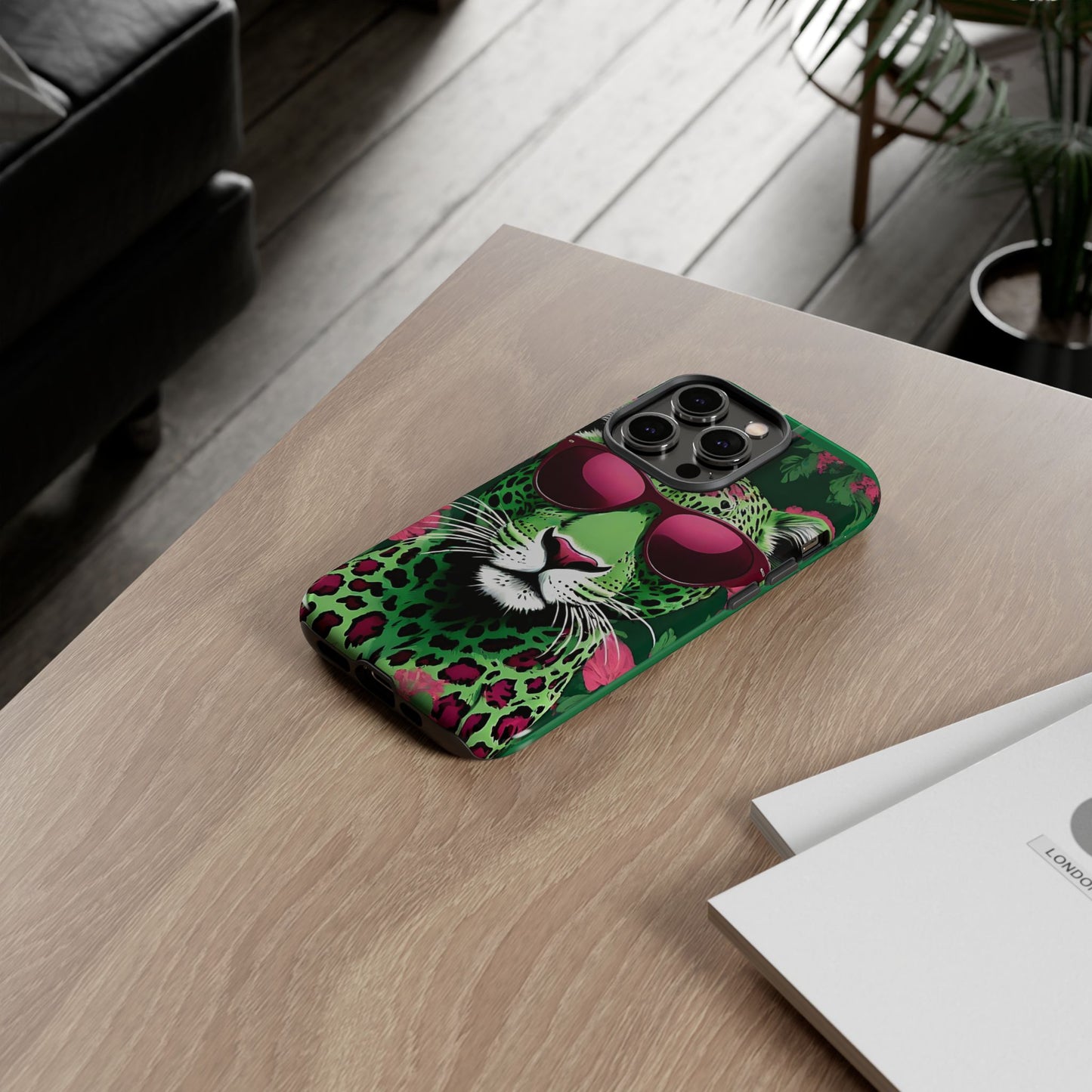 Phone Case - Lime Green & Burgundy Leopard In Sunglasses Design