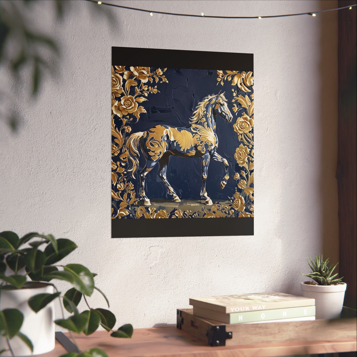 Floral Motif Art Poster - Elegant Matte Vertical Wall Decor - Midnight Blue & Gold Damask Horse