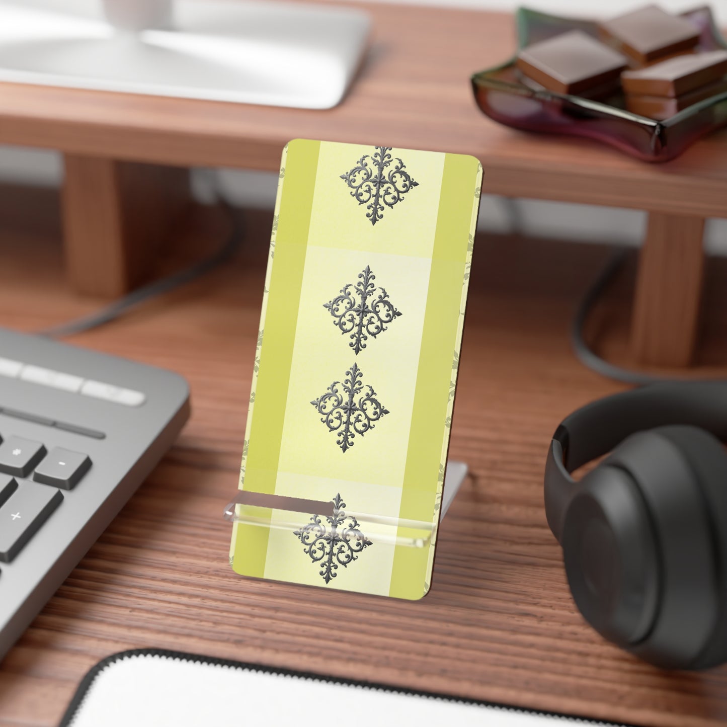 Elegant Floral Smartphone Display Stand - Matte Yellow & Gray Damask - Decorative Mobile Holder