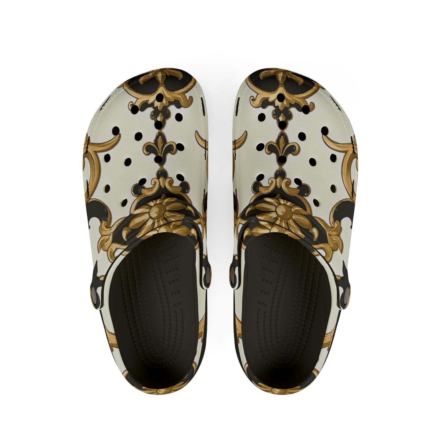 Elegant AOP EVA Foam Rubber Shoes - Stylish Comfort for Home & Outdoors, Trendy Clogs for Fashion Lovers - Black & Gold Rococo