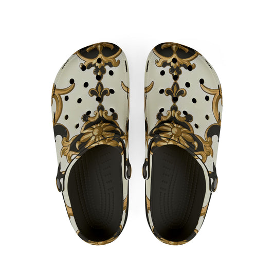 Elegant AOP EVA Foam Rubber Shoes - Stylish Comfort for Home & Outdoors, Trendy Clogs for Fashion Lovers - Black & Gold Rococo