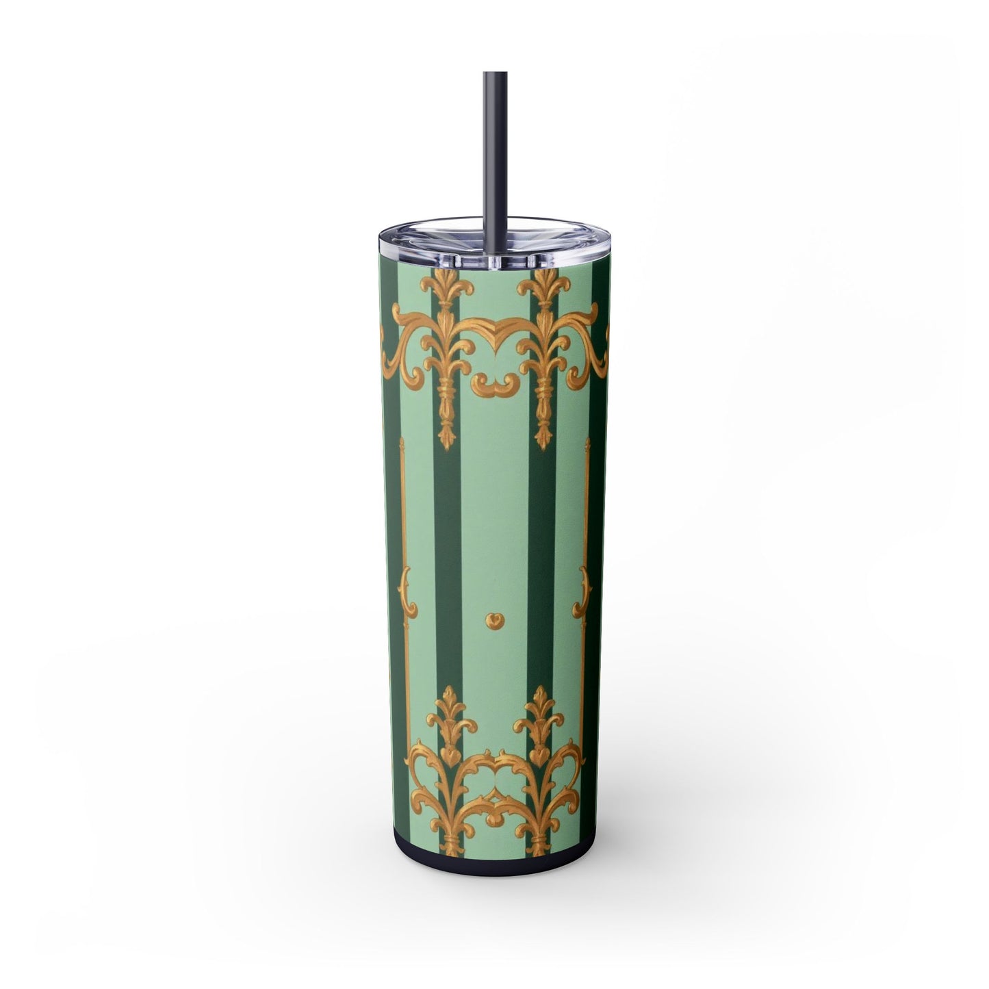 Elegant Floral Skinny Tumbler with Straw, 20oz – Stylish Travel Mug, Eco-Friendly Reusable Cup - Mint Green & Teal Striped Gold Baroque