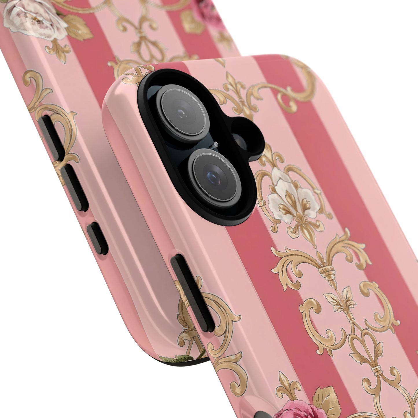 Elegant Floral Motif Phone Case - Tough Cases with Vintage Design - Pink Striped Roses & Damask