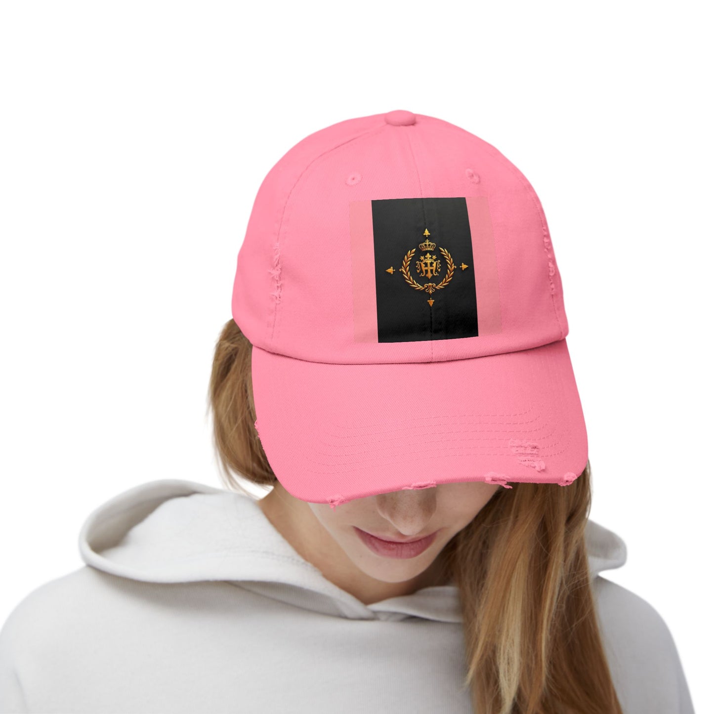 Stylish Unisex Distressed Cap with Trendy Design, Casual Accessories for Everyday Wear, Fashion Statement Cap - Pink Striped Gold Crest