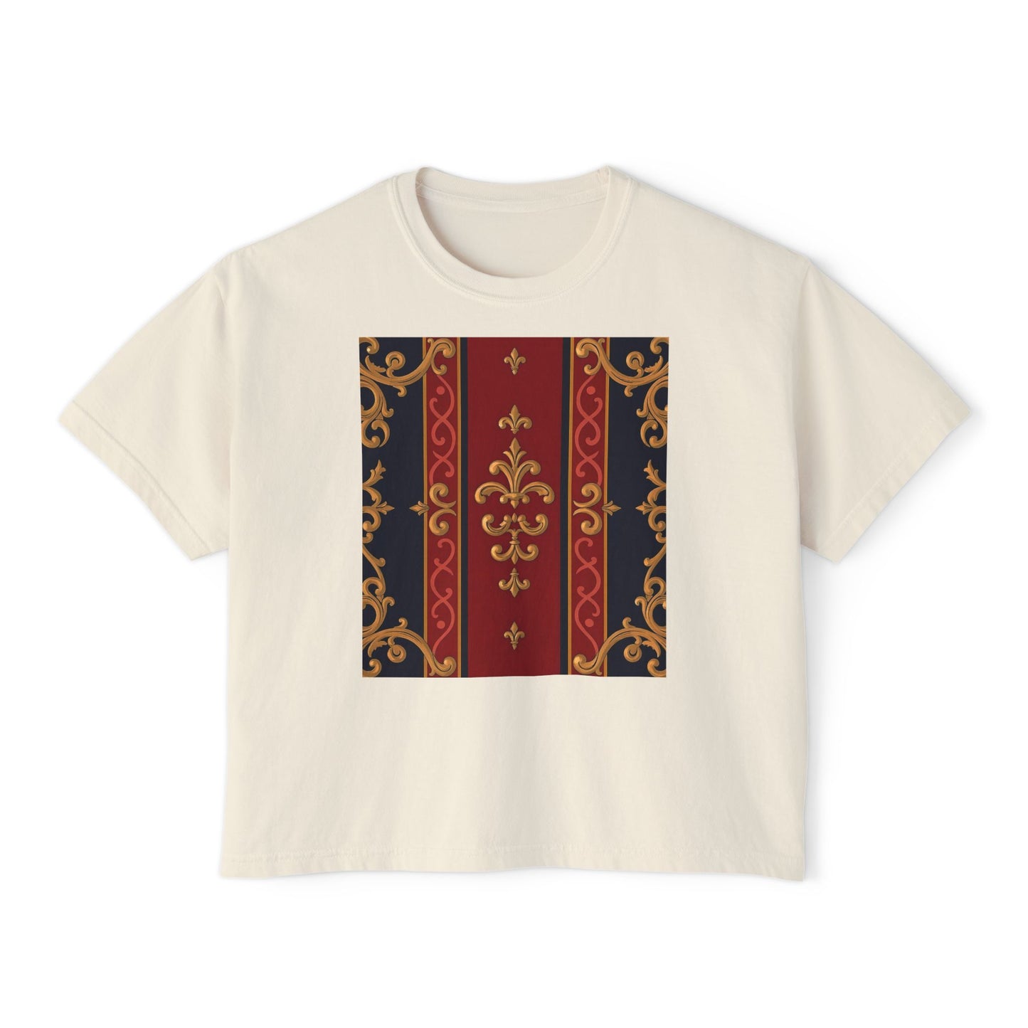Elegant Floral Boxy Tee, Casual Women’s T-Shirt, Vintage Inspired Top, Everyday Fashion, Gift for Her - Midnight Blue & Dusk Red Gold Baroque
