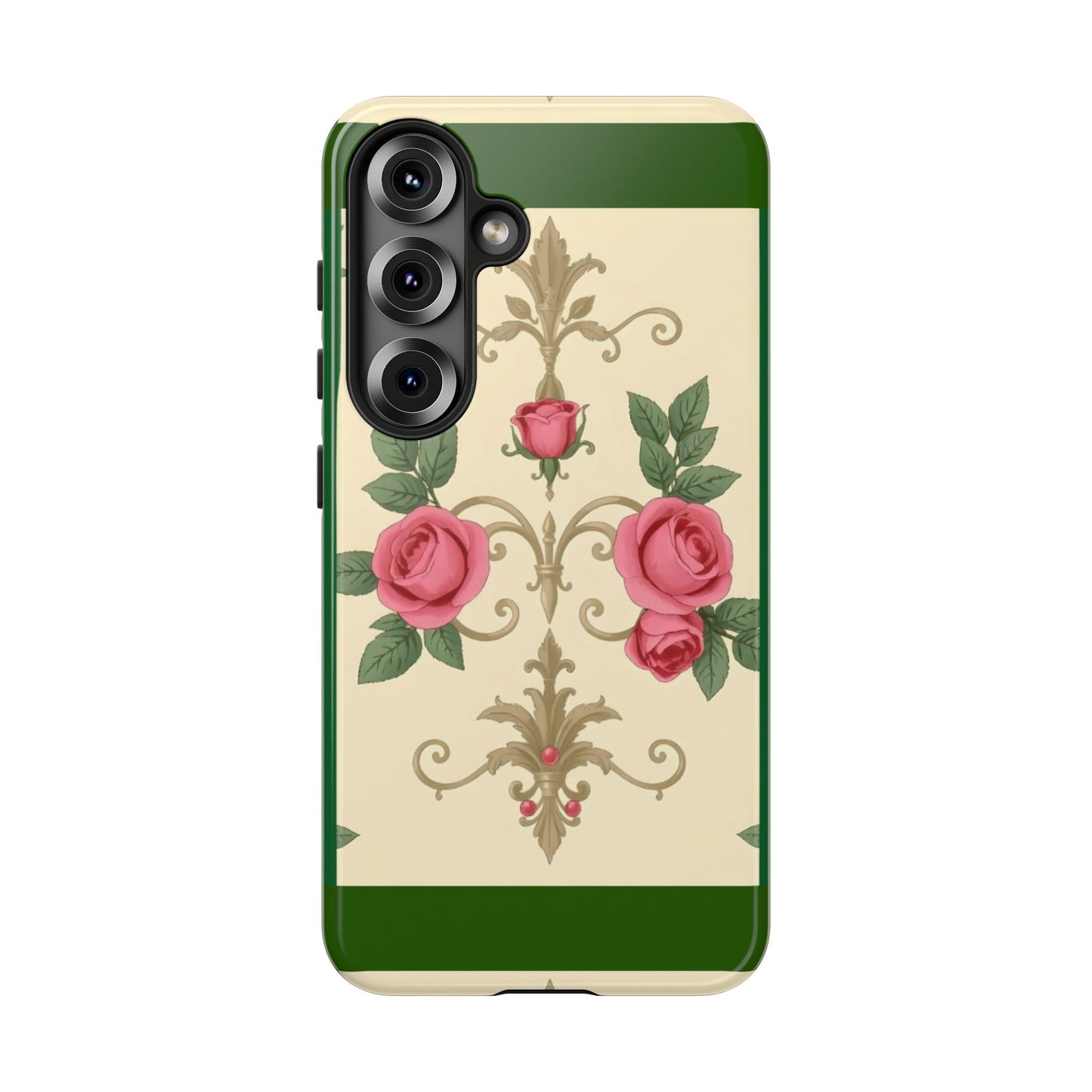 Elegant Floral Motif Phone Case - Tough Cases with Vintage Design - Green Border Roses & Damask