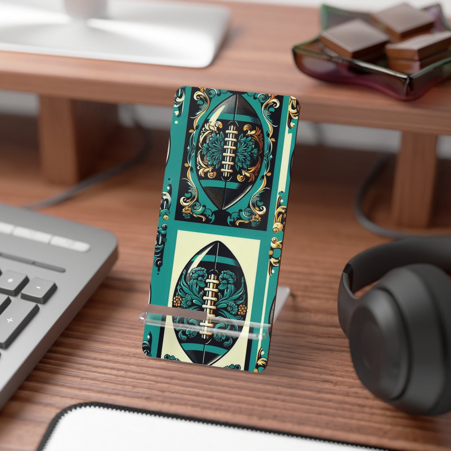 Copy of Elegant Floral Motif Smartphone Display Stand - Damask Teal, Gold & Black Football - Decorative Mobile Holder