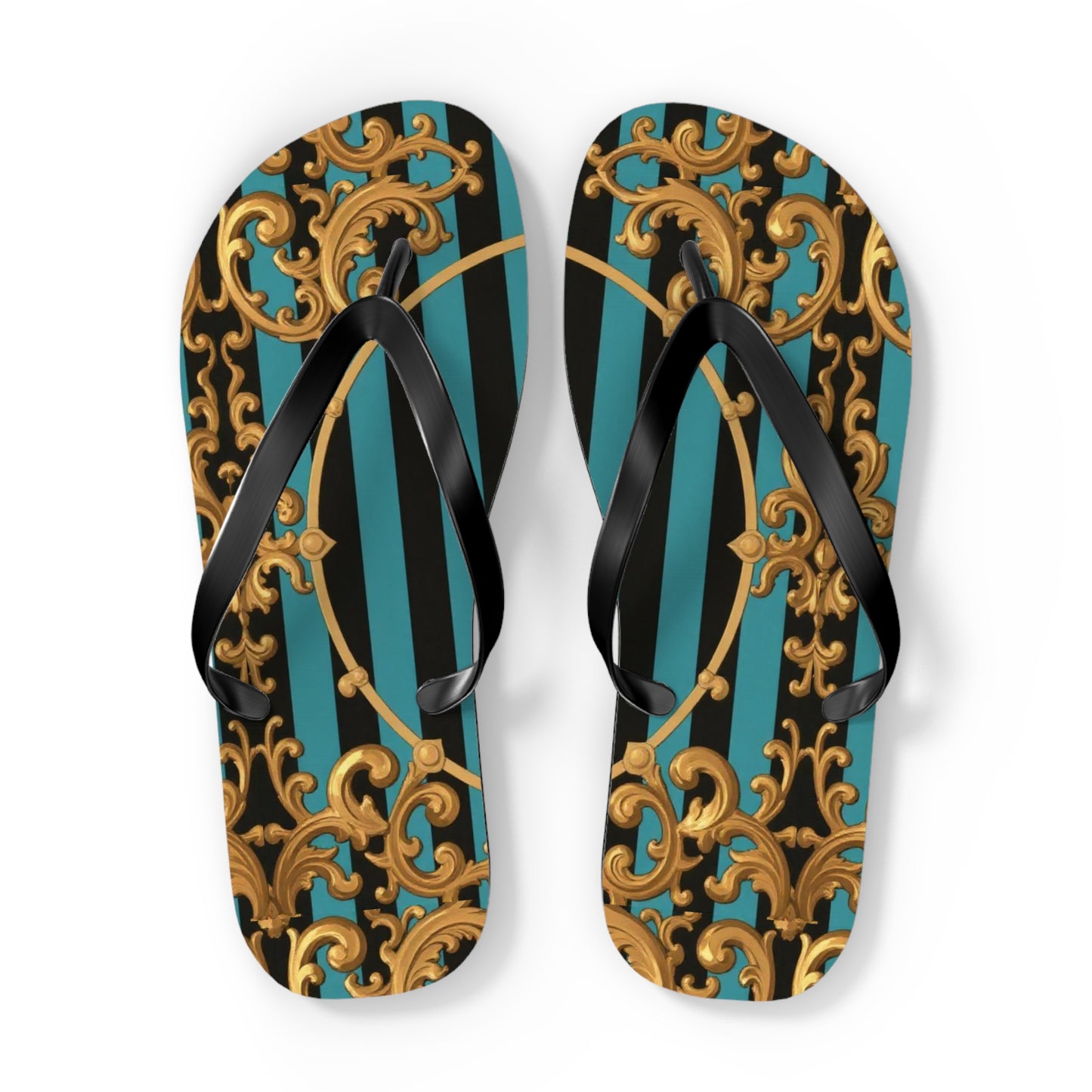 Elegant Turquoise & Black Striped Gold Baroque Patterned Flip Flops for Beach, Summer Vibes, Vacation Essentials, Stylish Footwear