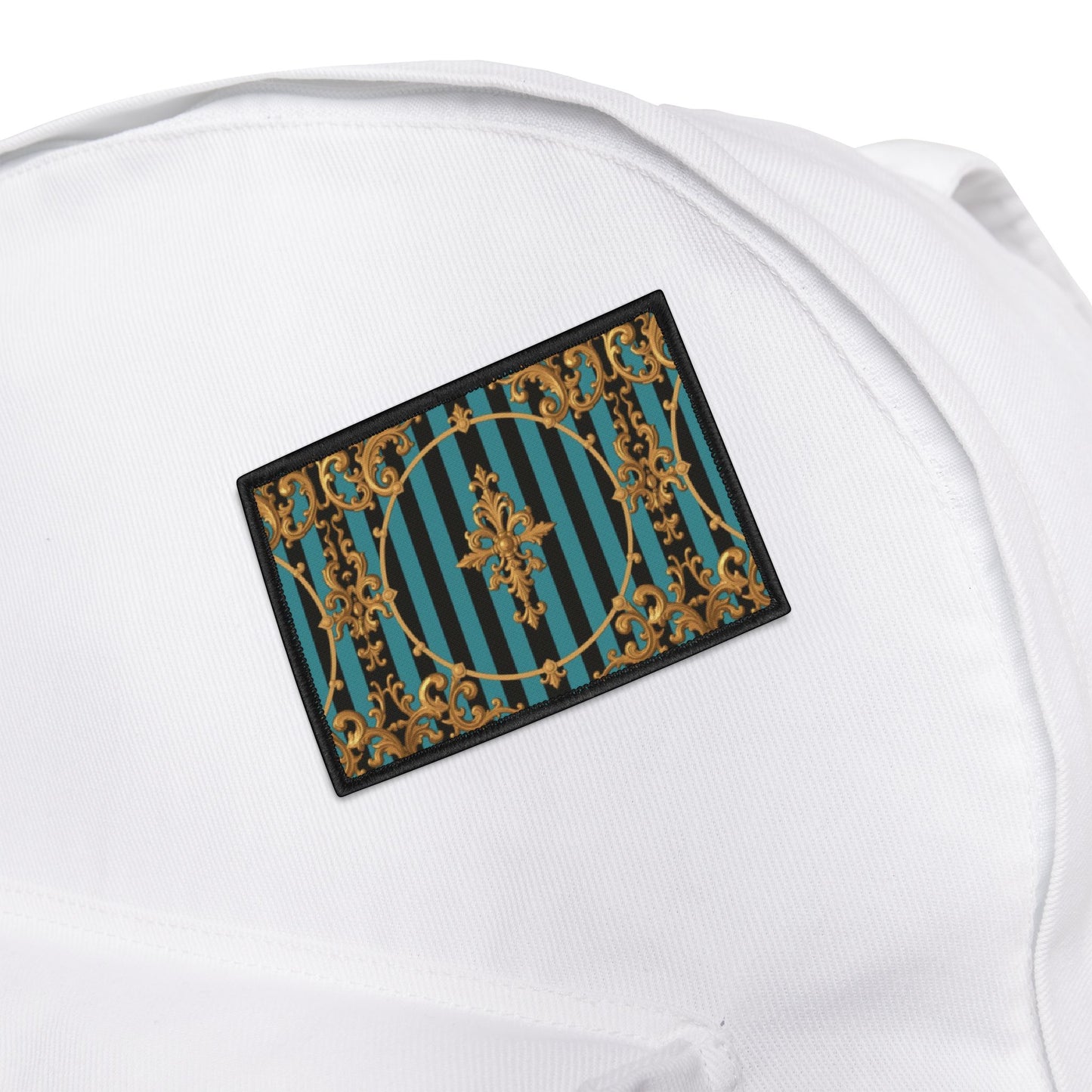 Turquoise & Black Striped Gold Baroque Iron-On Patches for Jackets, Bags, and DIY Projects | Retro Fashion, Unique Gifts