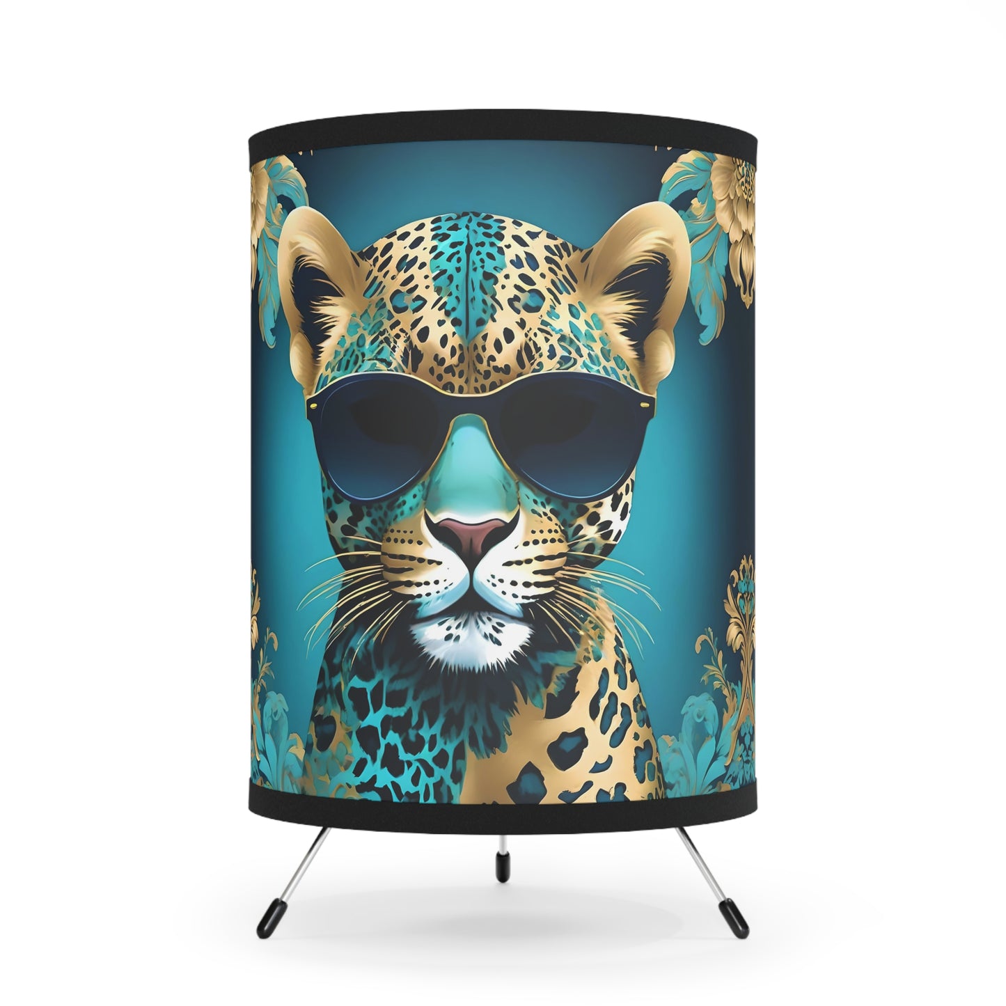 Tripod Lamp - Elegant Vintage Floral Print Home Accent - Aqua & Gold Leopard In Sunglasses Design