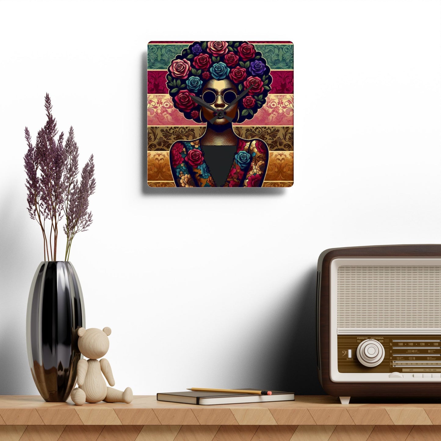 Bohemian Afro-Inspired Acrylic Wall Clock with Floral Design - Lady In Damask & Roses Design