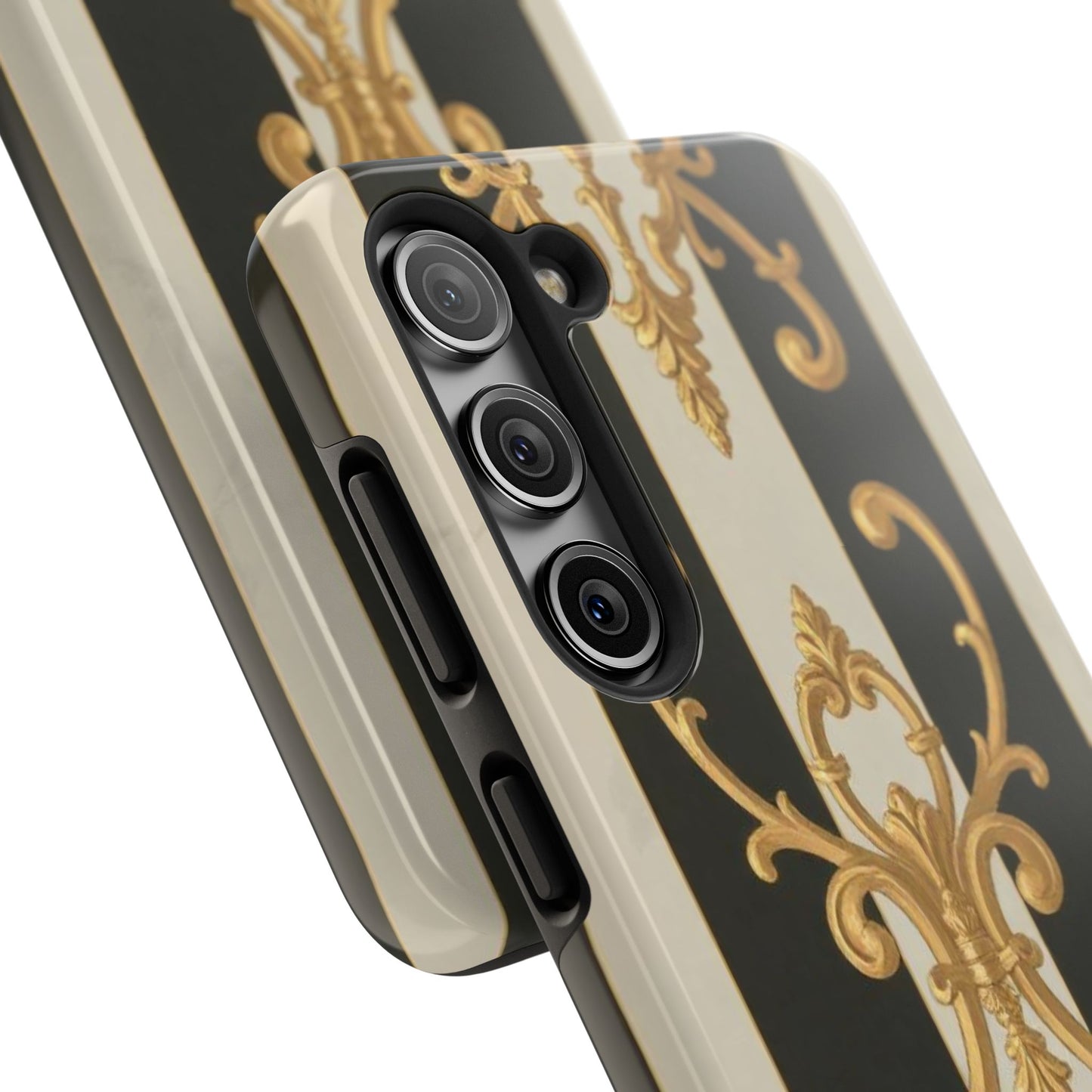 Elegant Black & Alabaster Striped Baroque Tough Phone Cases - Chic Protection, Black Gold Decor, Stylish Accessory, Gift for Her, Trendy Tech