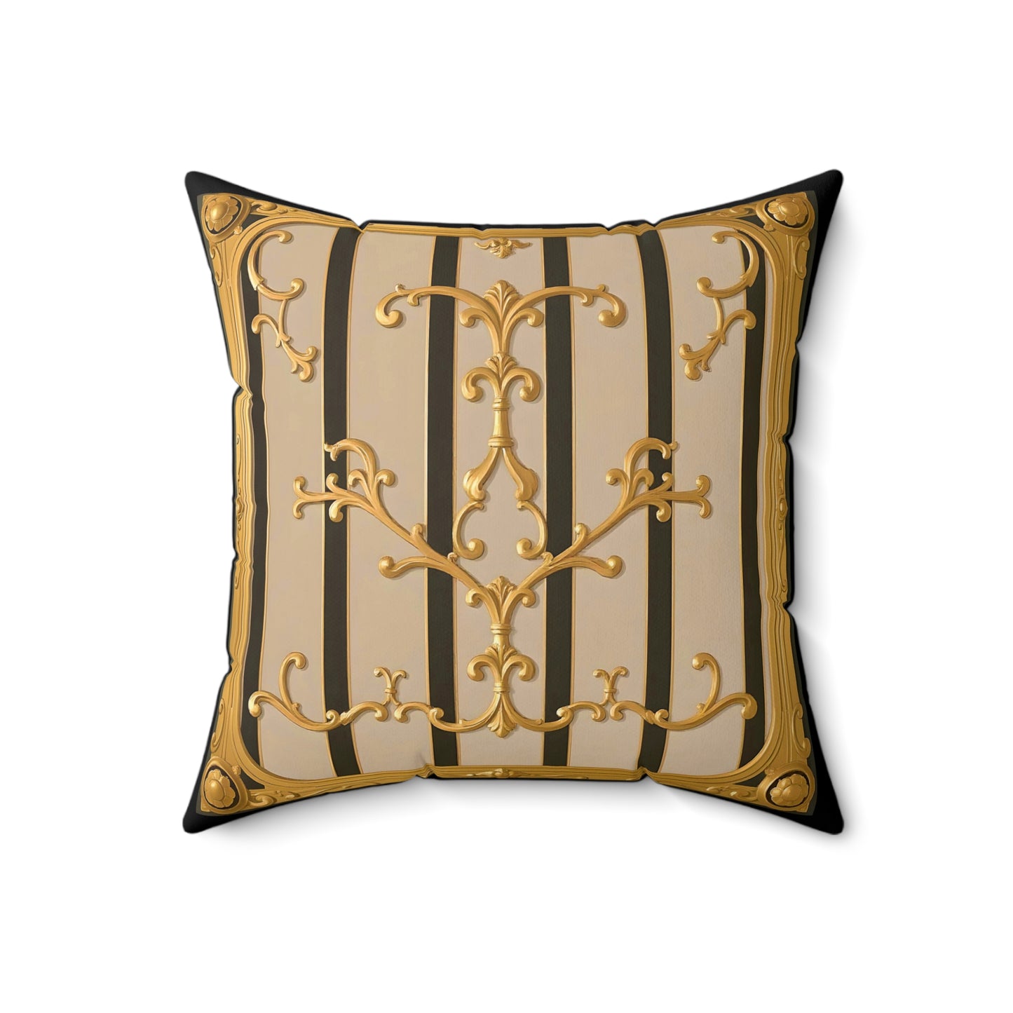 Elegant Faux Suede Square Pillow with Ornate Design, Decorative Cushion, Home Decor, Luxury Throw Pillow - Beige Striped Gold Rococo