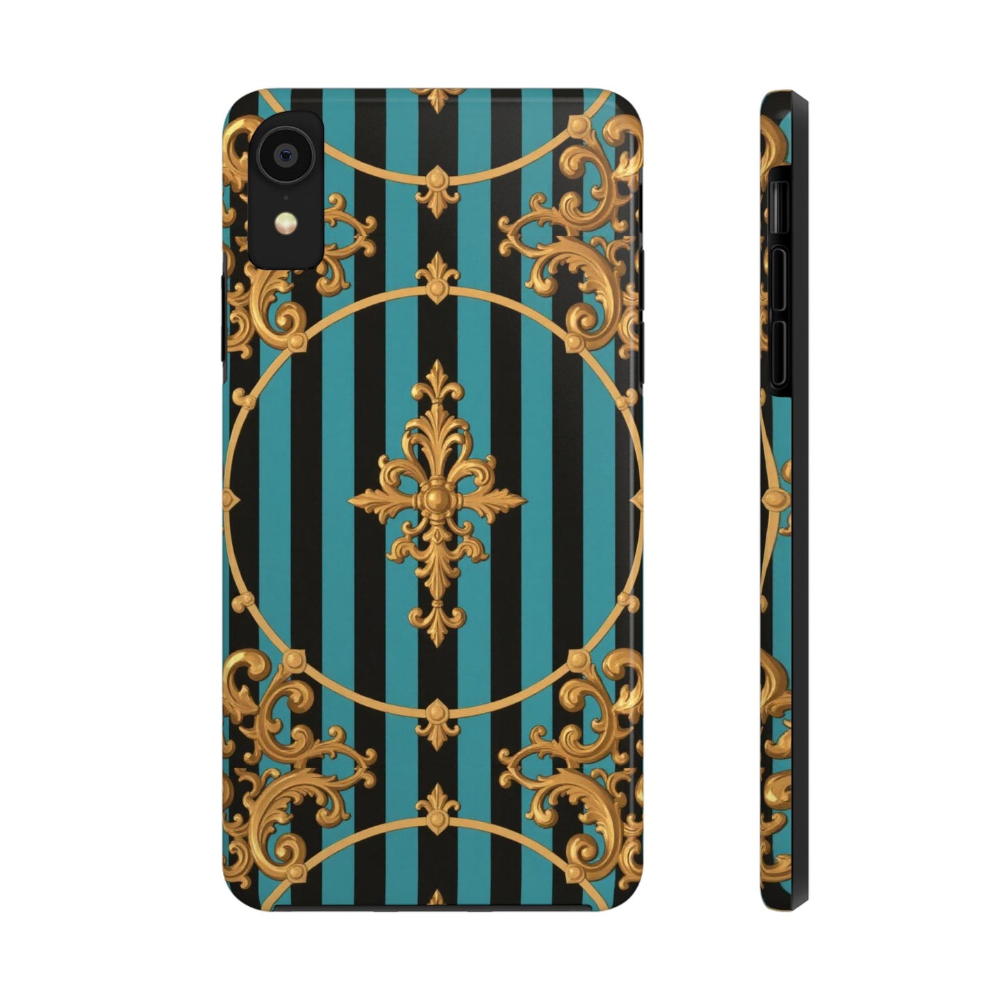 Elegant Turquoise & Black Striped Gold Baroque Phone Case, Tough Phone Cases for Fashion Lovers, Gift for Her, Luxury Accessories