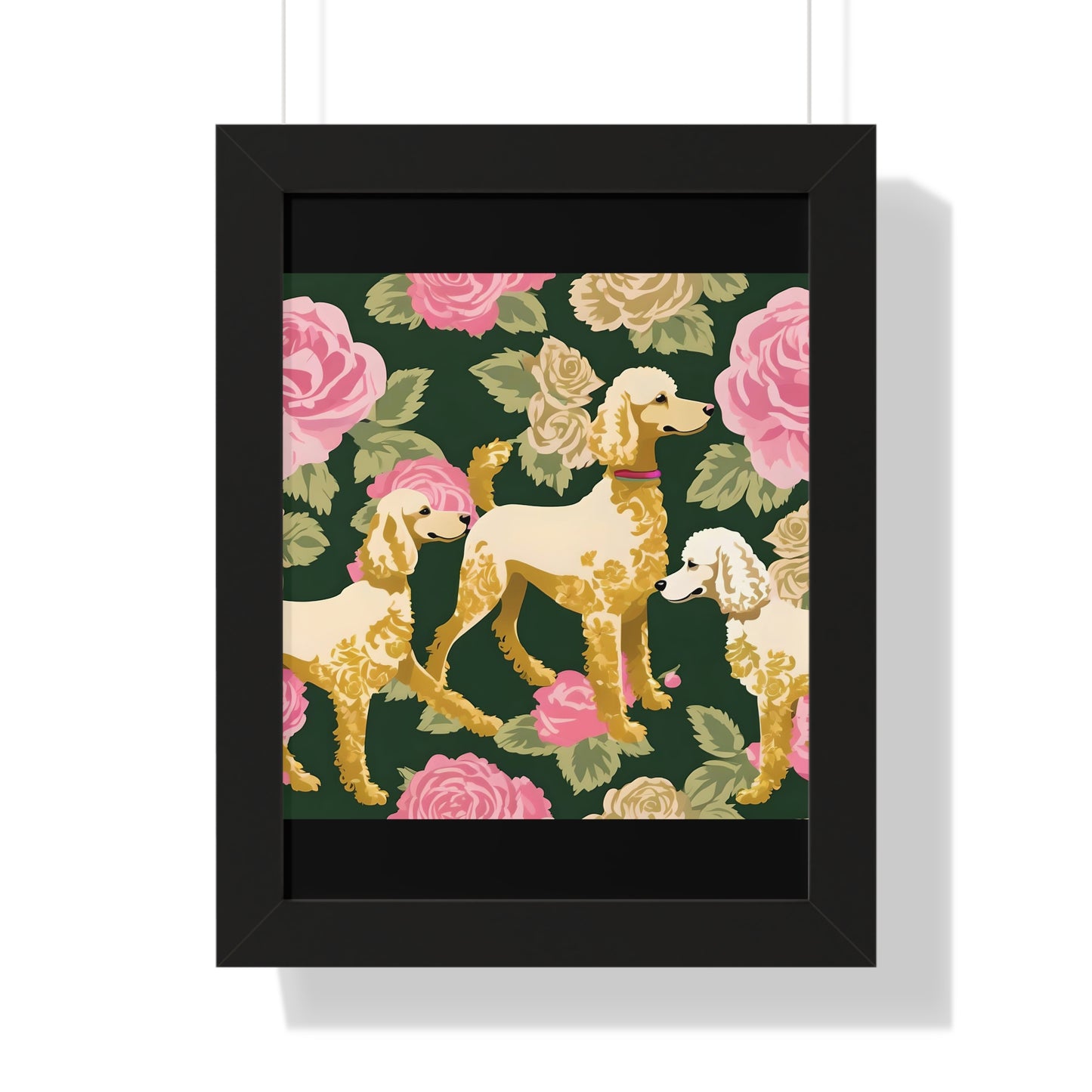 Vertical Poster - Stylish Framed - Art for Home Decor - Poodles In Dark Green & Pink Roses