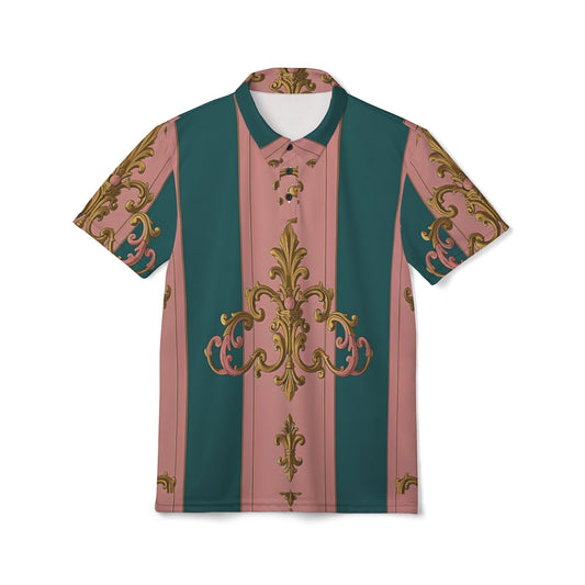 Stylish Unisex Polo Shirt with Elegant Baroque Print | Casual Summer Wear, Mens and Womens Fashion - Pink & Teal Striped Gold Baroque