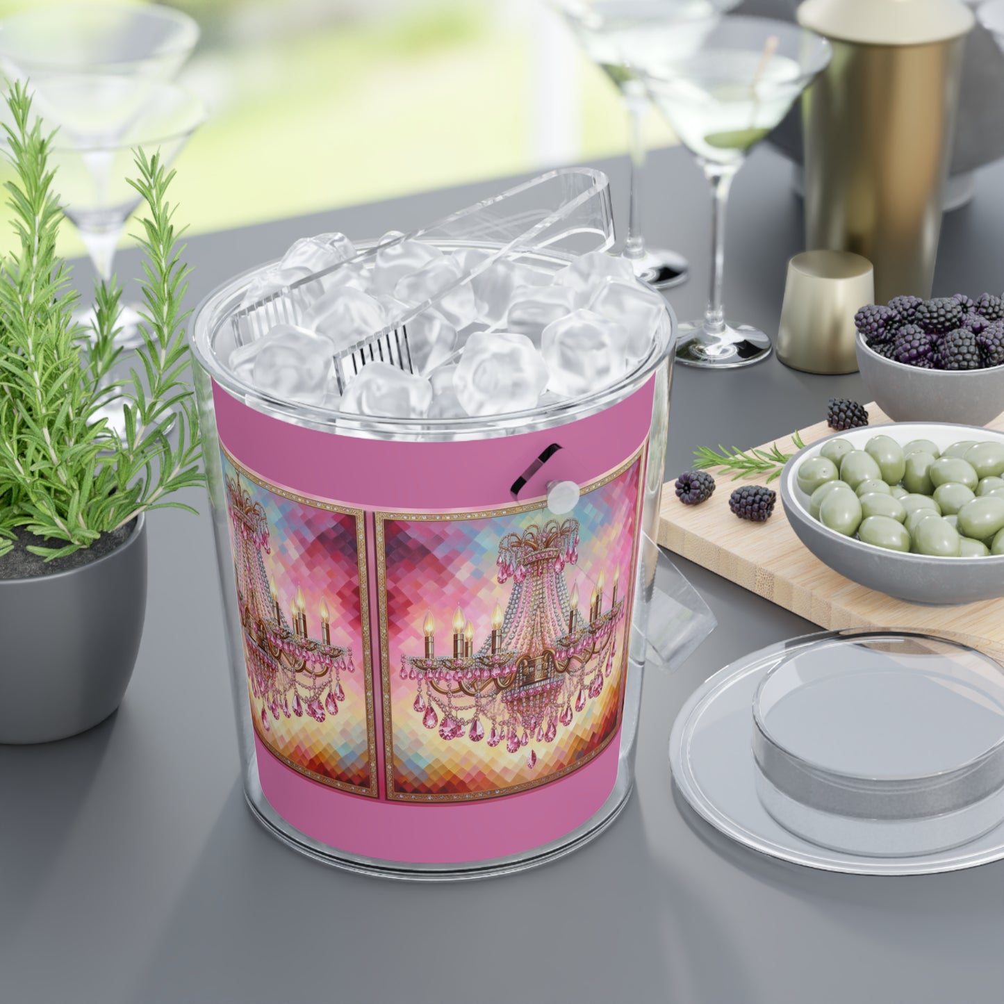 Chic Ice Bucket with Tongs, Elegant Barware for Parties, Glamour Gift for Celebrations, Decorative Beverage Cooler - Pink Jeweled Chandelier