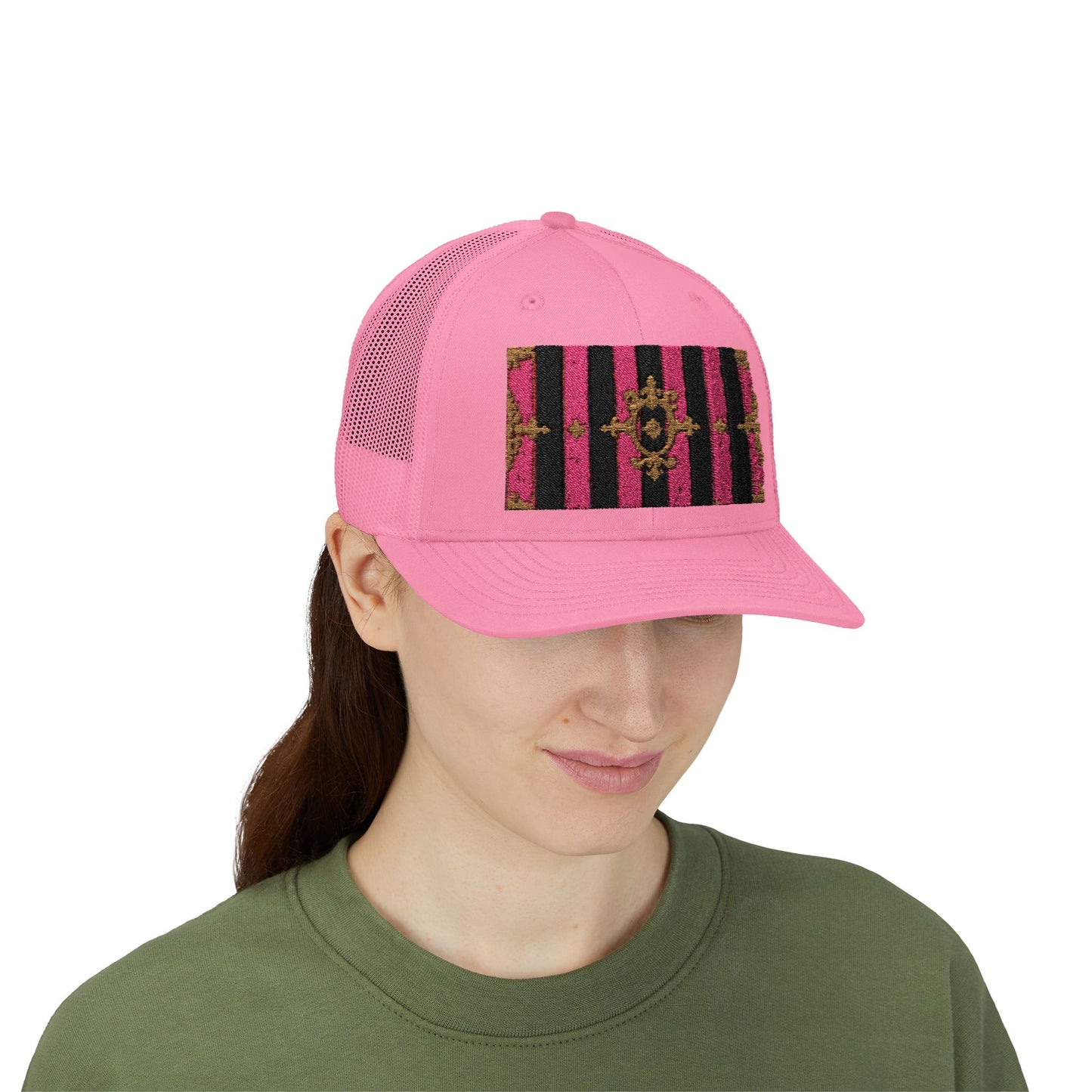 Stylish Snapback Trucker Cap with Black & Mauve Striped Gold Baroque, Trendy Fashion Hat, Perfect Gift for Him/Her
