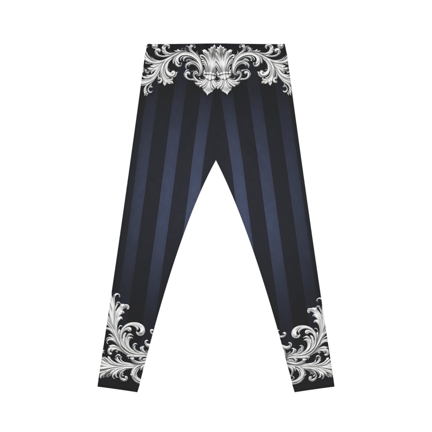 Navy Stripes & Baroque Print Leggings - Vintage Navy Ornate Pattern