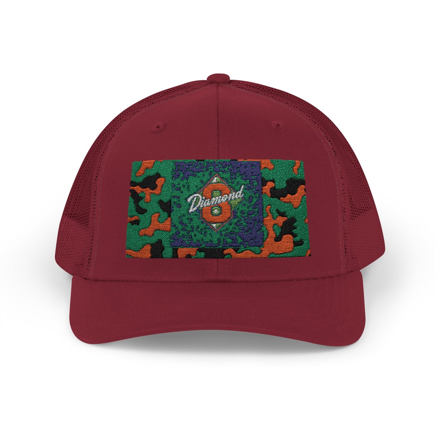 Colorful Camouflage Snapback Trucker Cap, Casual Hat, Outdoor Gear, Unisex Headwear, Gift for Him/Her - Green & Orange Camo Diamond 8