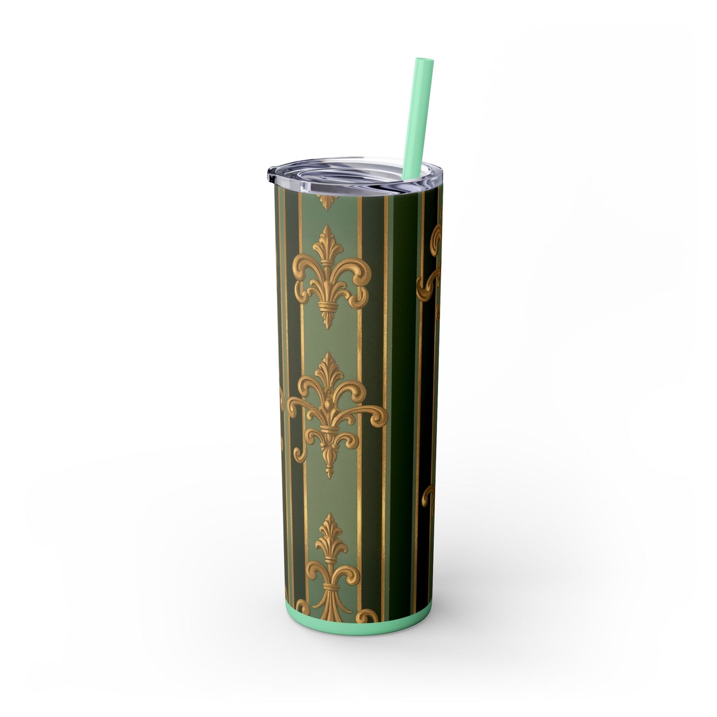Elegant Green Striped Skinny Tumbler, 20oz Travel Mug, Reusable Cup, Perfect for Gifts, Parties, Home Decor - Green Striped Gold Baroque