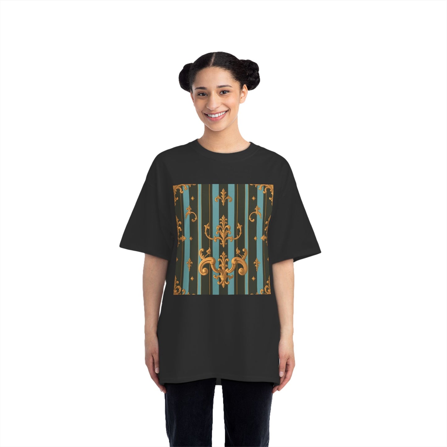 Elegant Vintage Pattern T-Shirt, Stylish Tee for Everyday Wear, Retro Design Shirt, Perfect Gift for Art Lovers - Black & Turquoise Striped Baroque