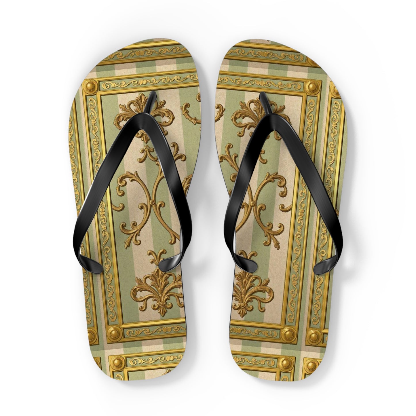 Elegant Floral Flip Flops for Summer, Beach Footwear, Stylish Sandals, Vacation Essentials, Outdoor Slip-On Shoes - Mint & Beige Striped Gold Baroque