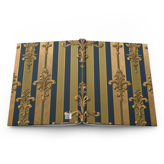 Elegant Midnight Blue & Olive Striped Gold Baroque Striped Hardcover Journal, Vintage Notebook, Luxury Planner, Gift for Writers, Decorative Journal