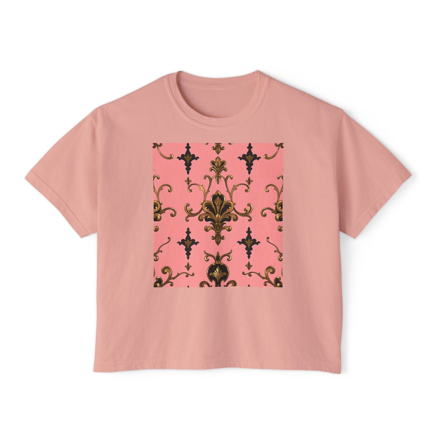 Vintage Floral Women's Boxy Tee, Casual Summer Top, Retro Fashion, Gifts for Her - Pink, Black & Gold Rococo