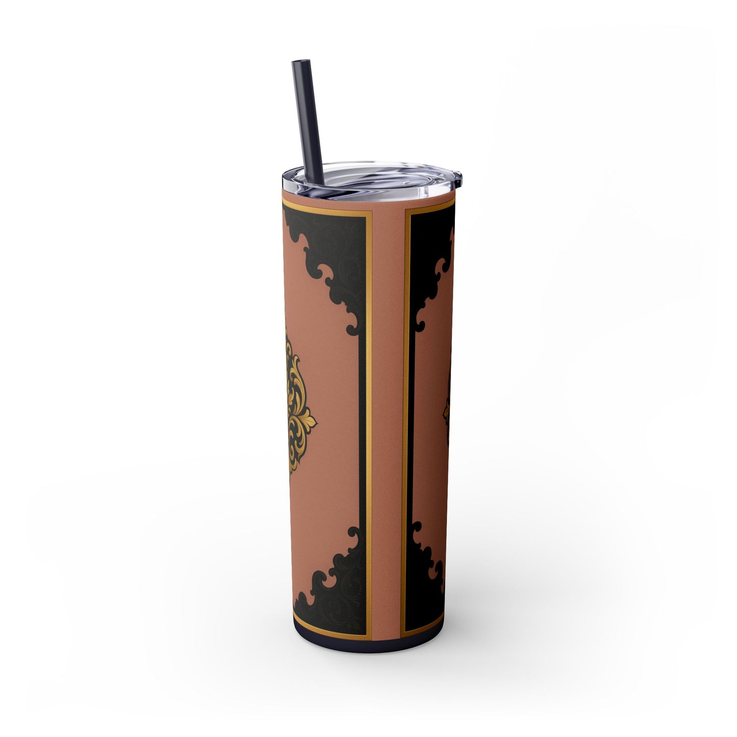 20oz Skinny Tumbler with Straw — Vintage Mauve & Black-Gold Baroque Design