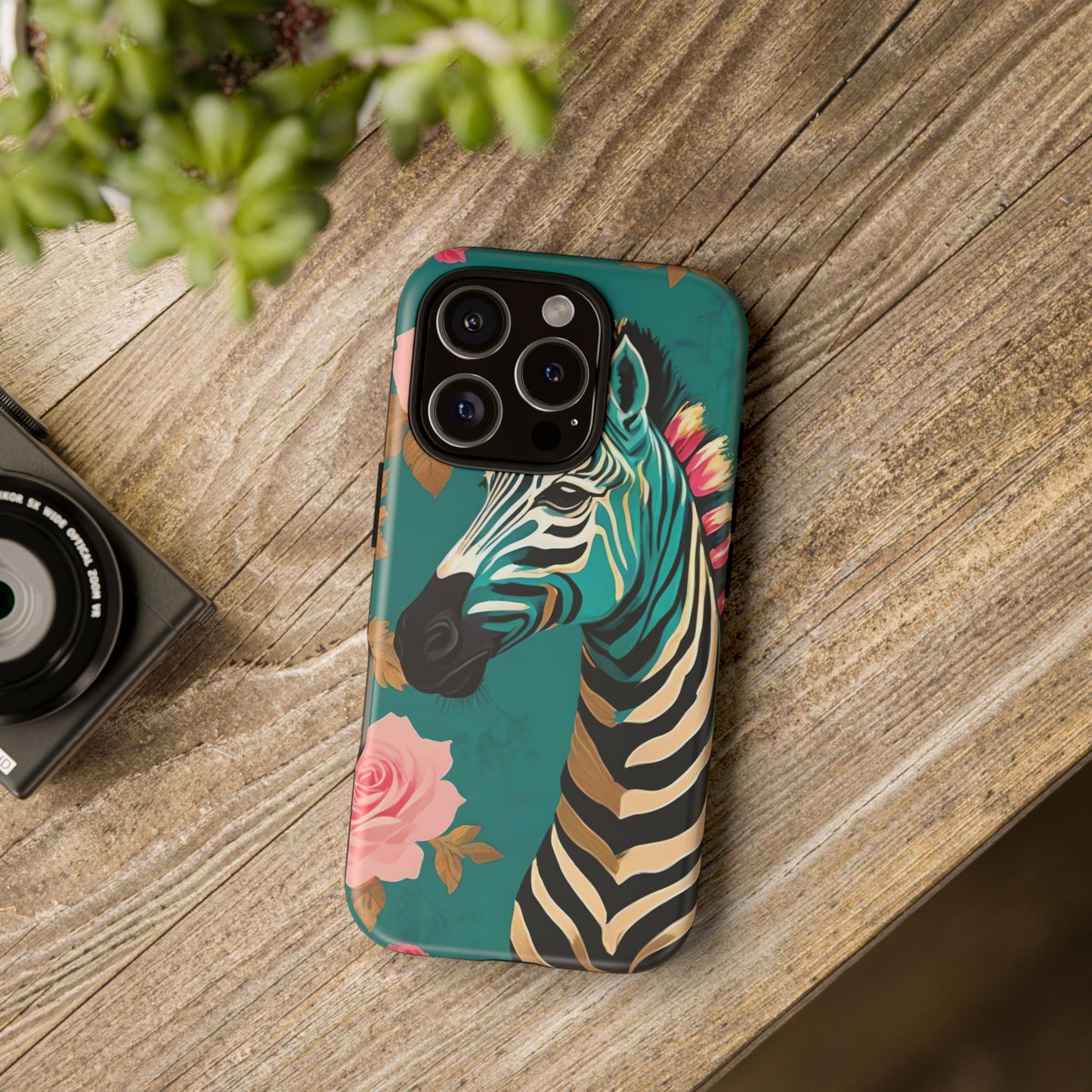 Phone Case - Elegant Teal & Gold Zebra & Roses Design