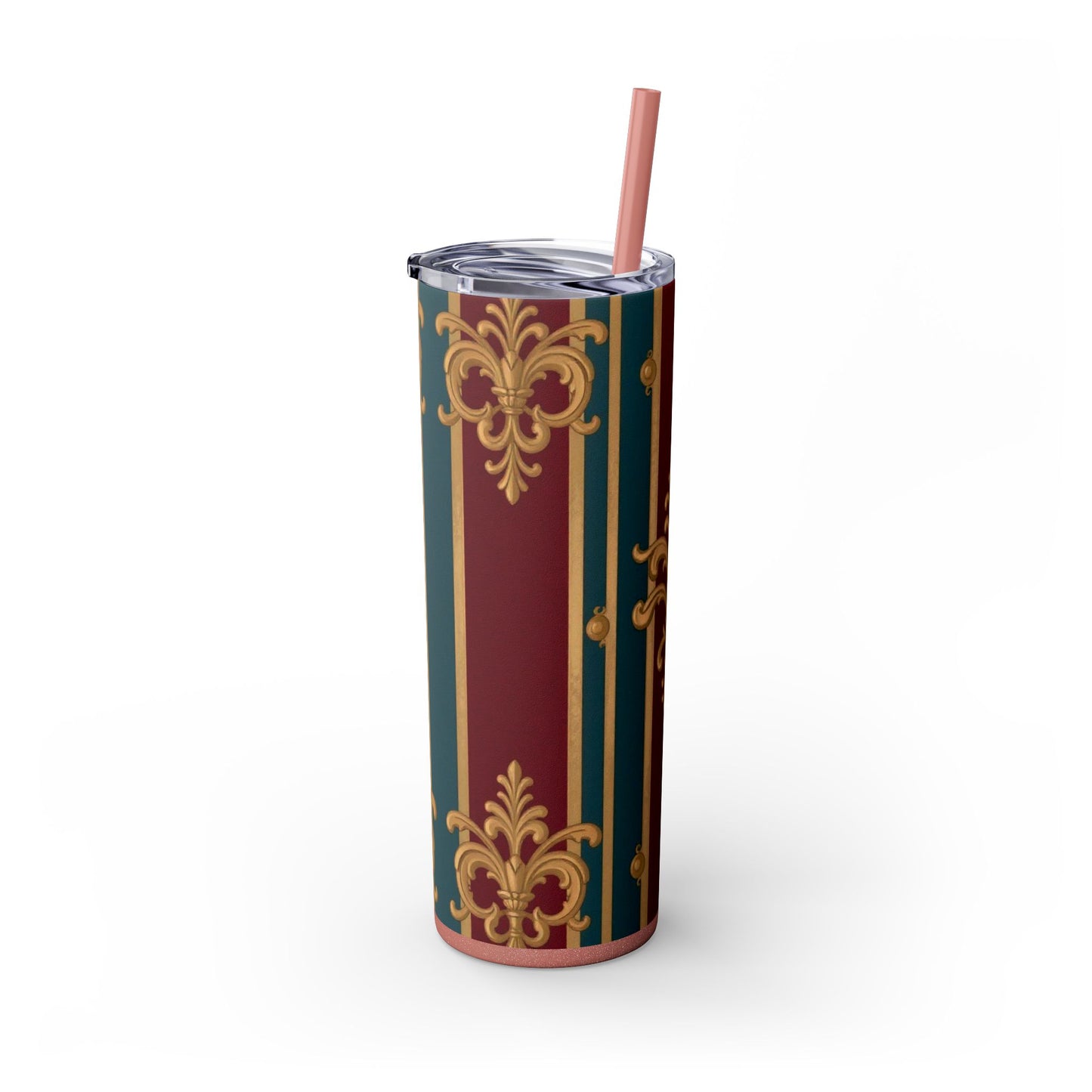 Elegant Vintage Skinny Tumbler with Straw, 20oz | Gold & Burgundy Design | Travel Mug, Gift for Her - Burgundy Striped Gold Baroque