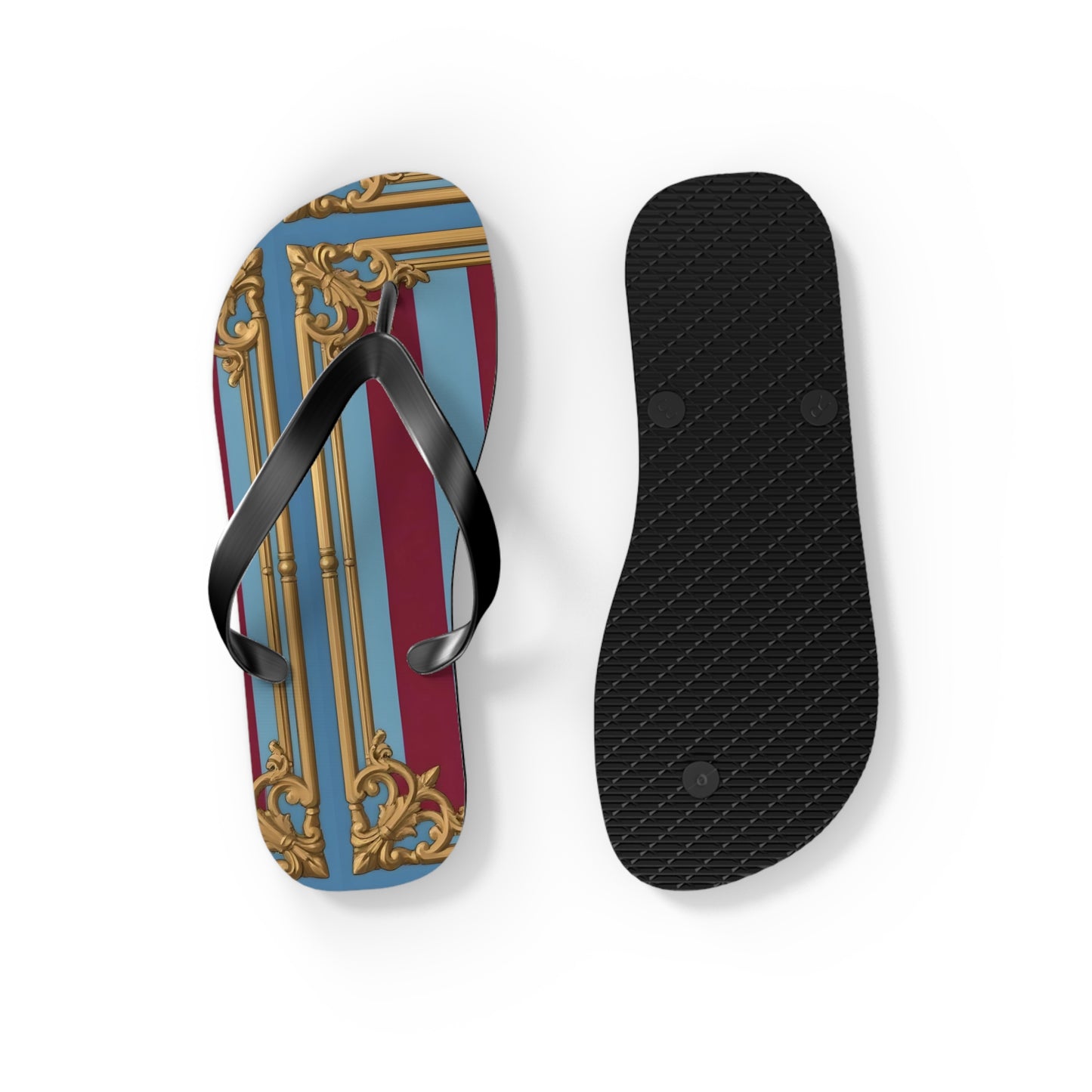 Ornate Design Flip Flops, Elegant Summer Sandals, Beach Vacation Footwear, Perfect for Weddings - Sky Blue & Maroon Striped Baroque